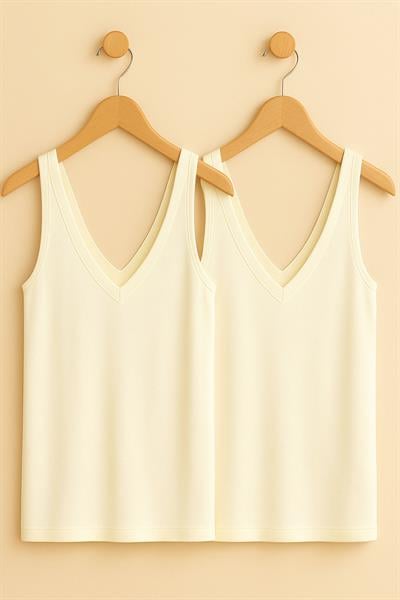 2 Adet A Kesim Ön ve Arka V Yaka Kalın Askılı Pamuklu Basic Atlet Tişört