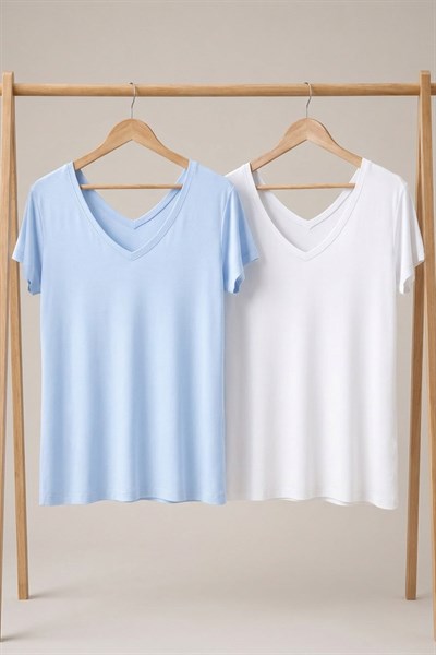2 Adet Ön ve Arka V Yaka Basic Tişört
