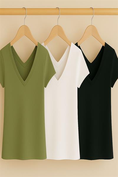 3 Adet Ön ve Arka V Yaka Basic Viskon Karışımlı Tişört