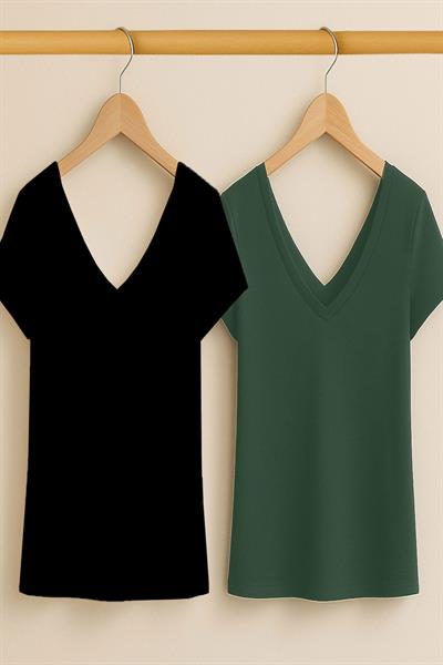 2 Adet Ön ve Arka V Yaka Basic Tişört