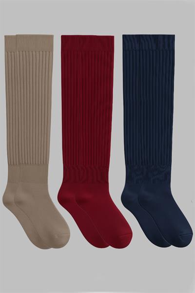 3 Çift Kalın Fitilli Pamuk Karışımlı Diz Üstü Çorap