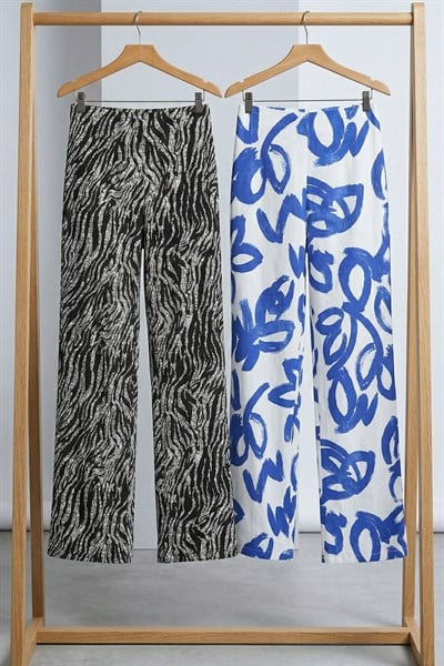 2 Adet Rahat Kalıp Yüksek Bel Bol Paça Viskon Karışım Kadın Pantolon