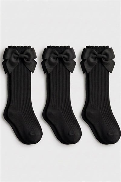 3 Adet Kız Çocuk Fiyonklu Fitilli Diz Altı Çorap