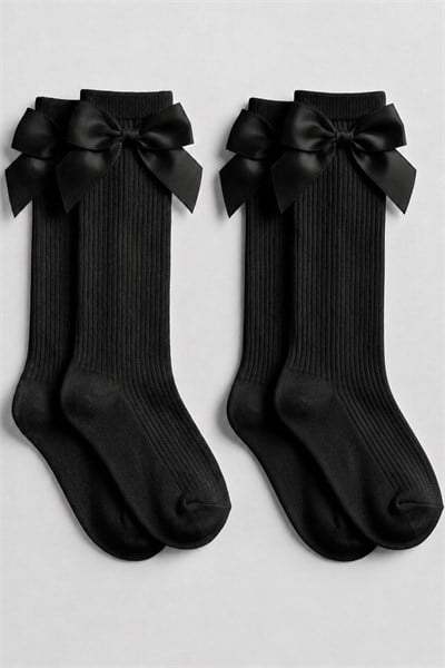 2 Adet Kız Çocuk Saten Fiyonklu Fitilli Diz Altı Çorap