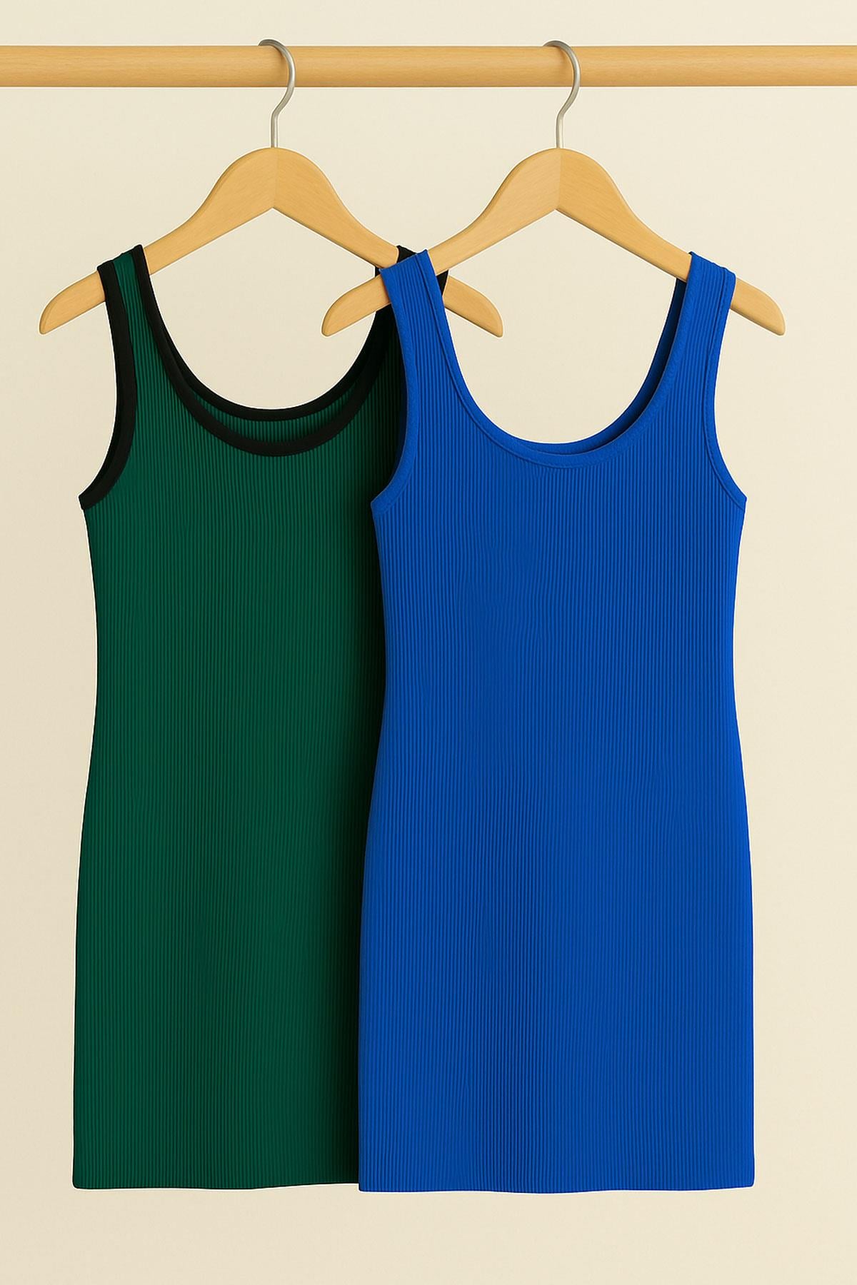 2 Adet Kare Yaka Fitilli ve Askılı Midi Elbise