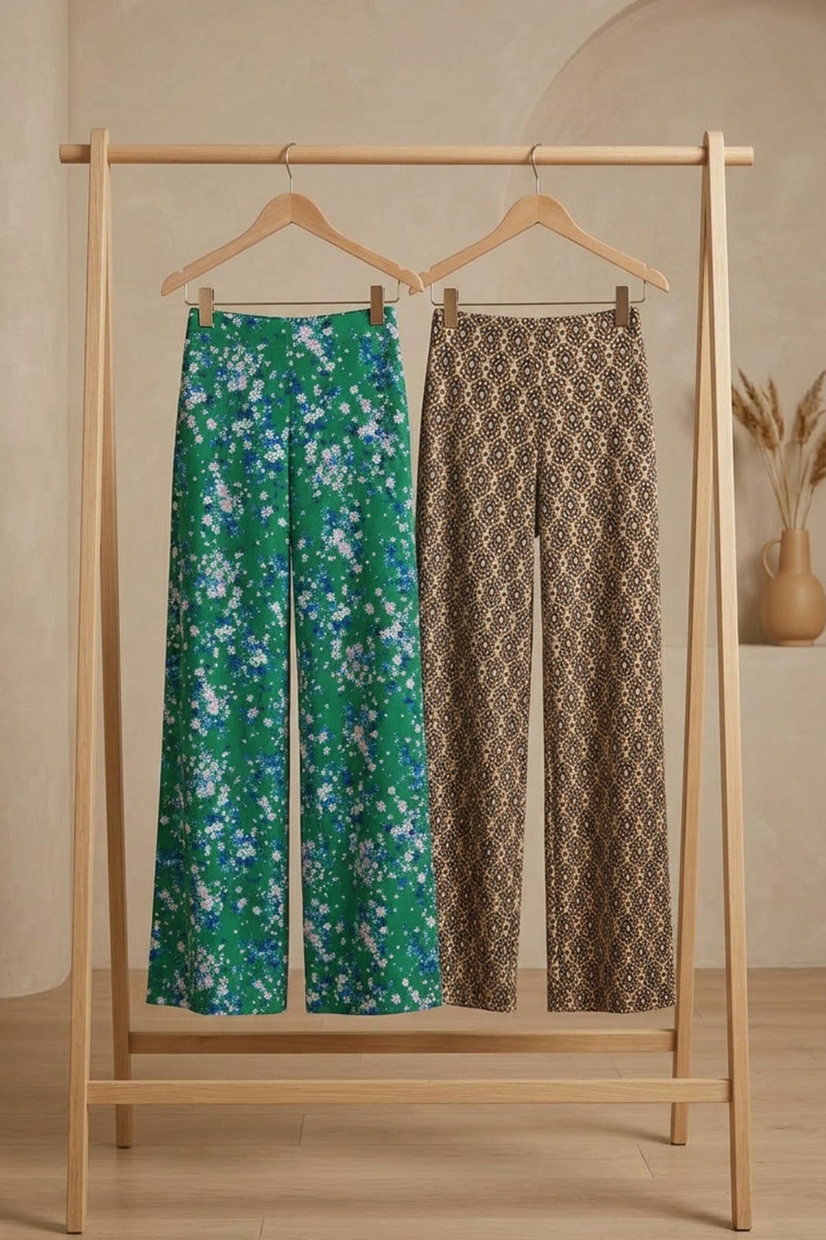 2 Adet Rahat Kalıp Yüksek Bel Bol Paça Viskon Karışım Kadın Pantolon