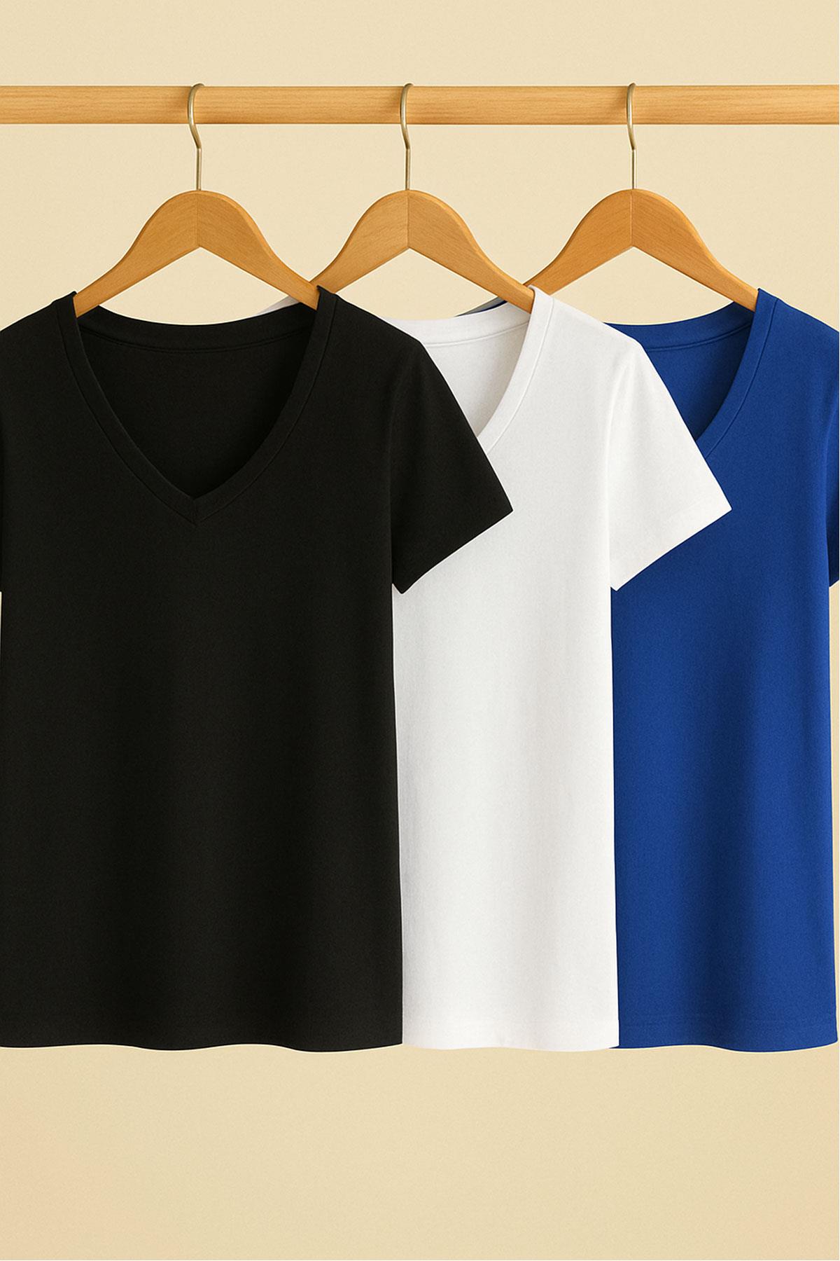 3 Adet Kısa Kollu Pamuklu V Yaka Tişört