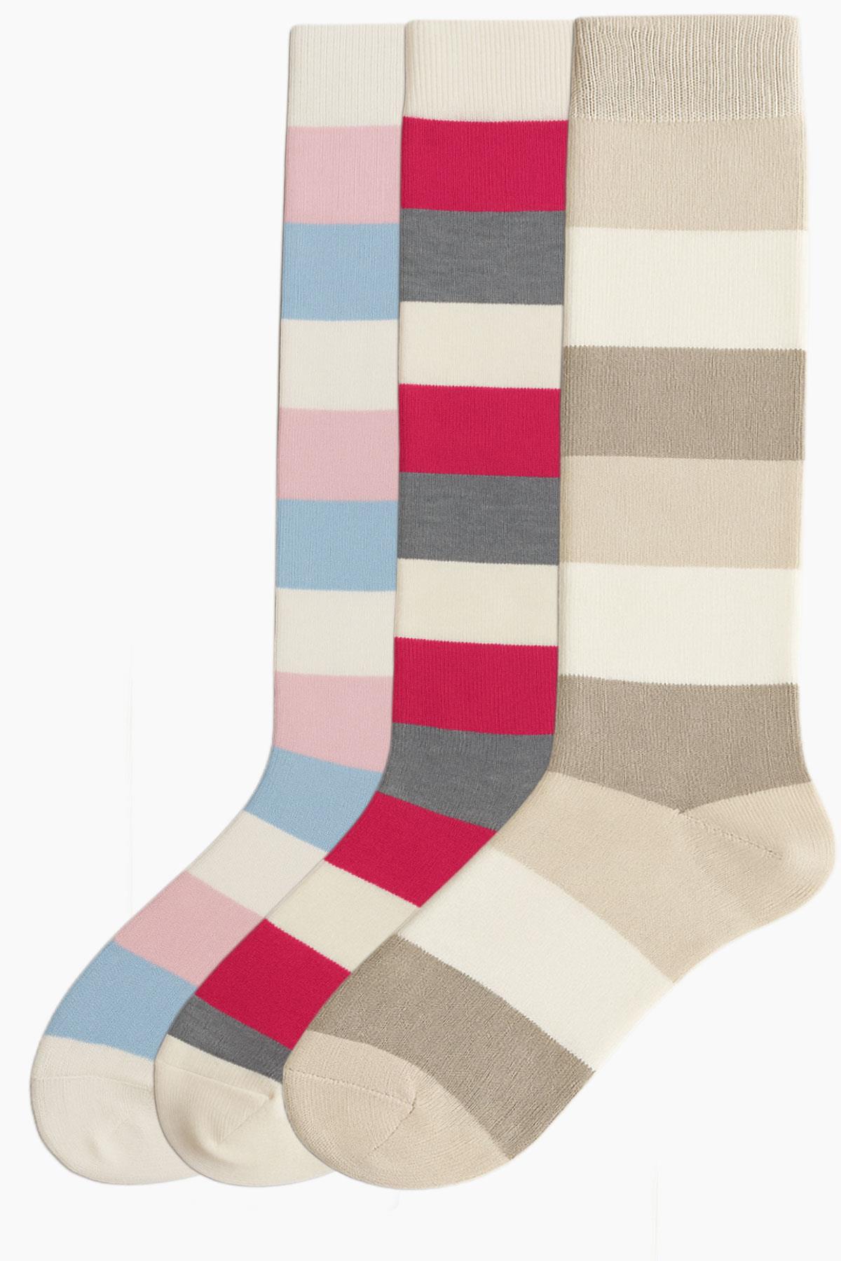 3 Adet Çizgili ve Renkli Diz Boyu Çorap