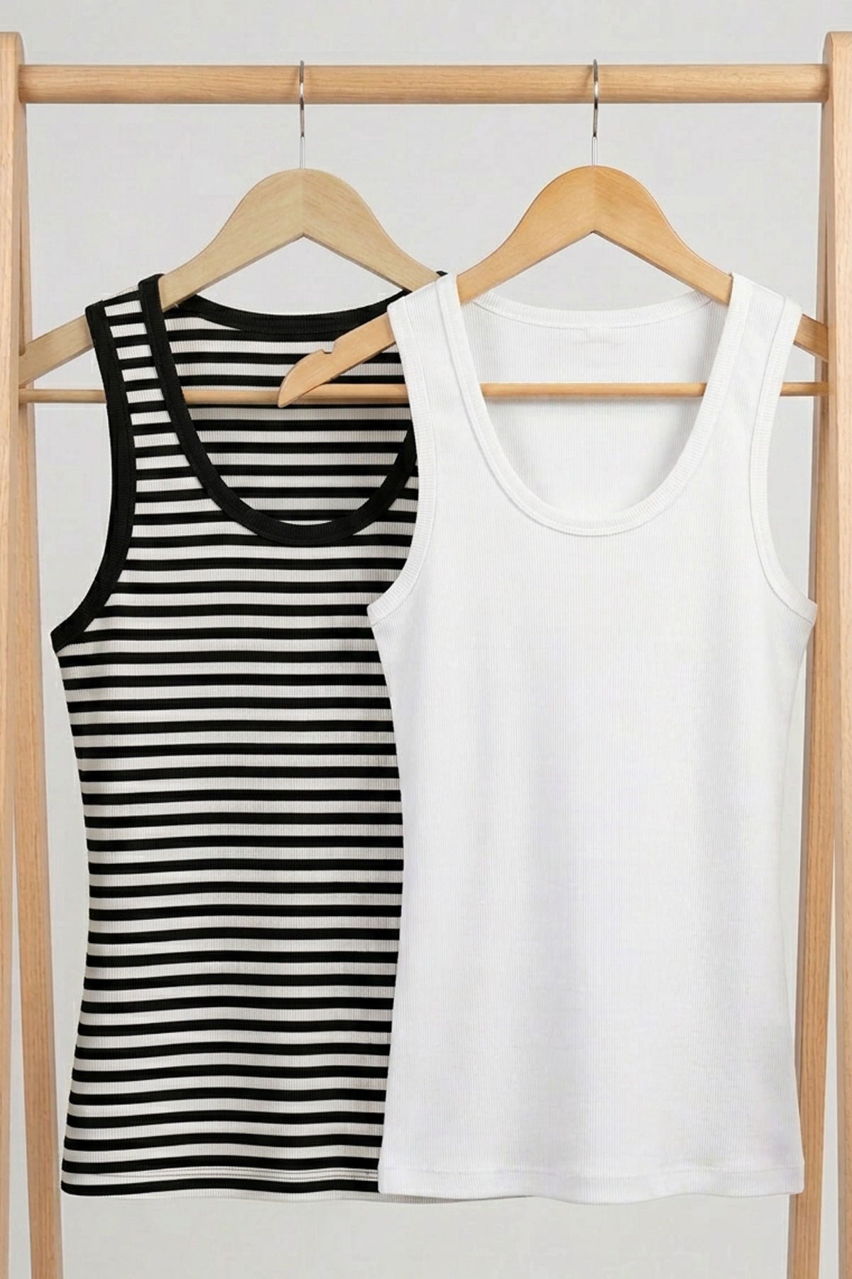 2 Adet Fitilli Fitted Viskon Karışımlı Askılı Tişört