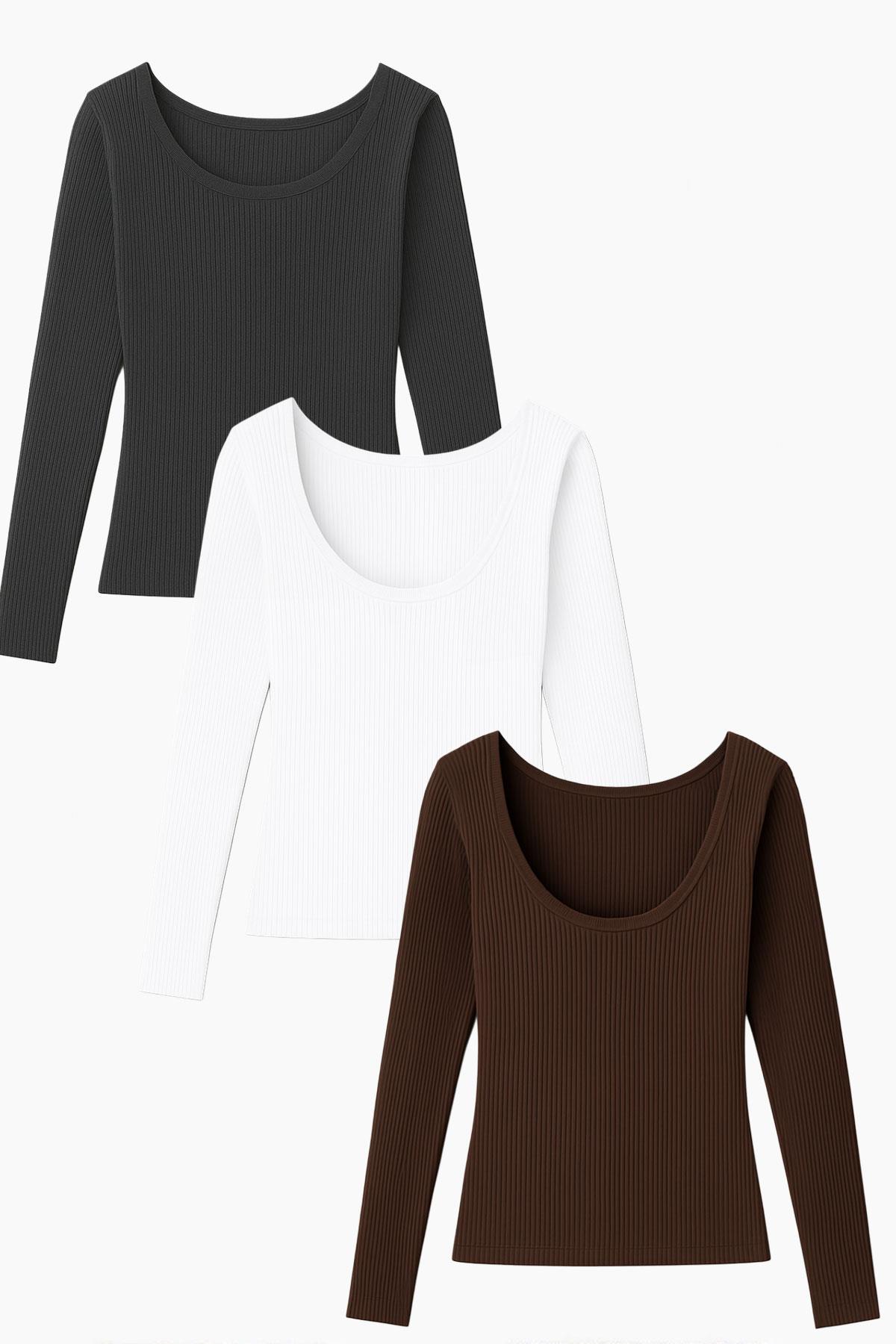 3 Adet Uzun Kollu Kayık Yaka Ribanalı Bluz