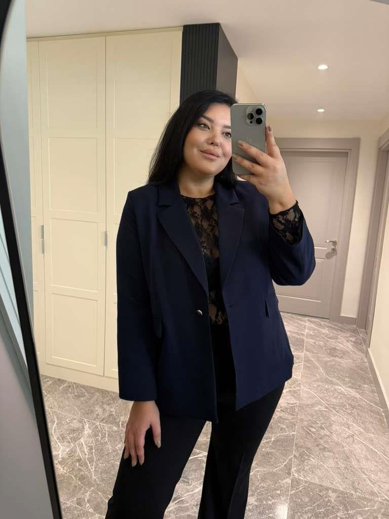 Büyük Beden Astarlı Kadın Blazer Ceket - Lacivert 
