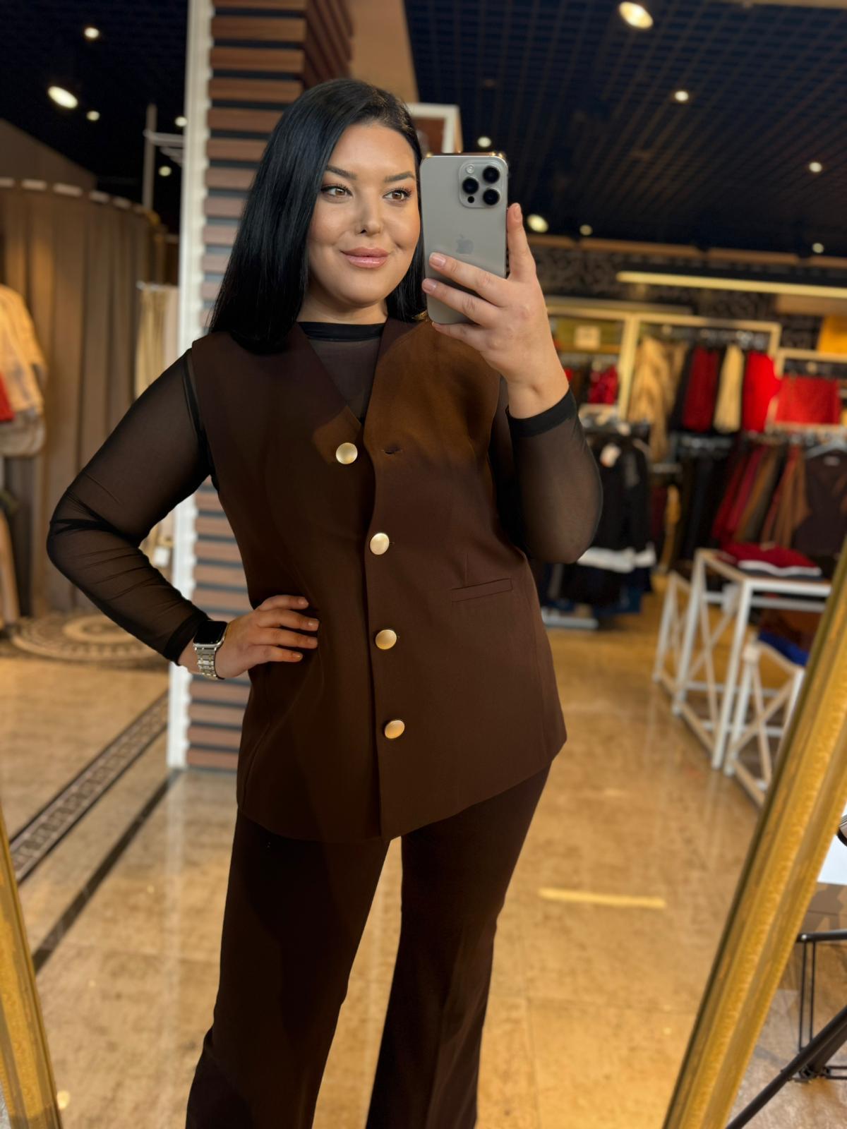 Büyük Beden Gold Düğme Detay Kadın Blazer Yelek - Kahve 