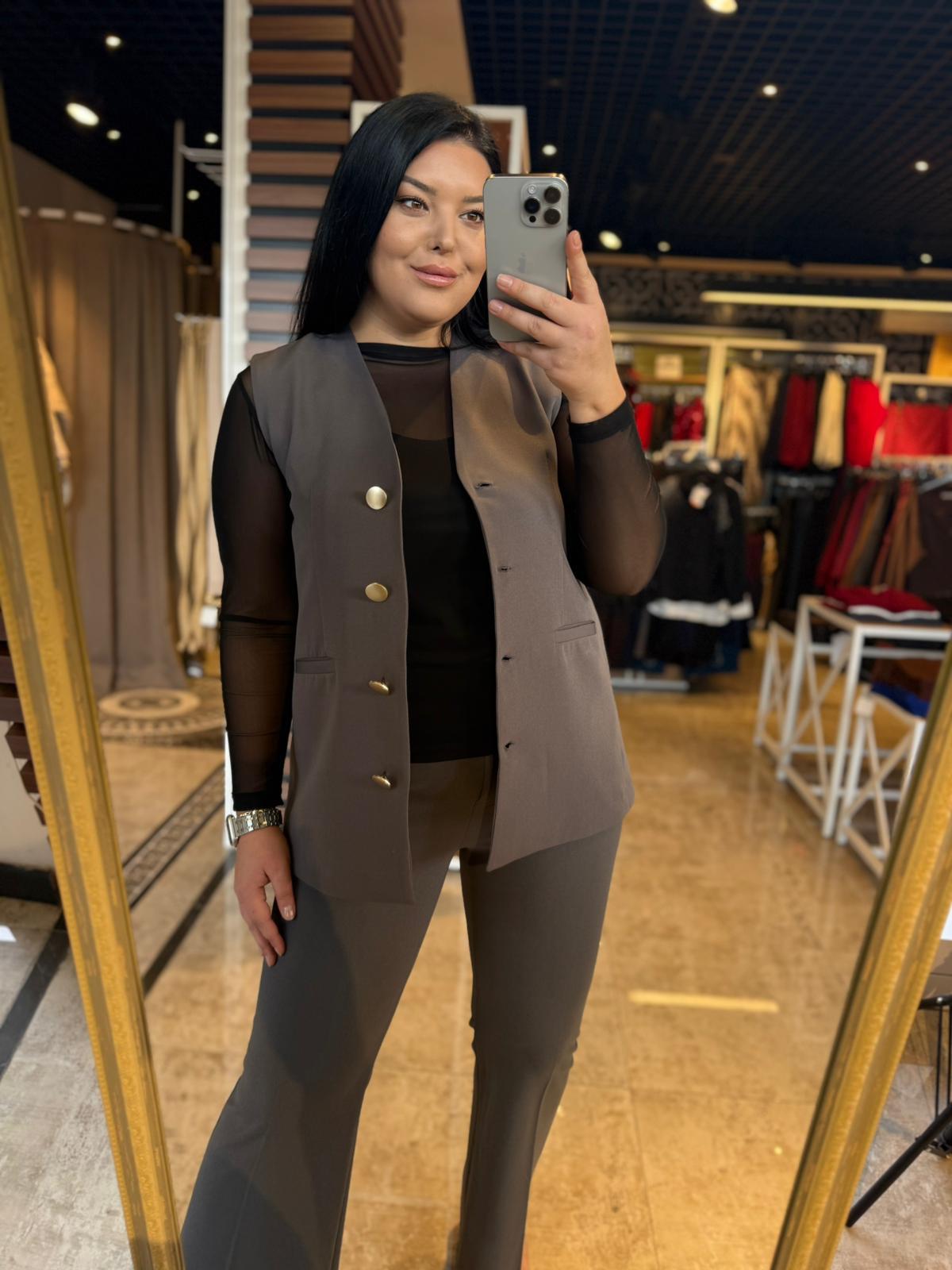 Büyük Beden Gold Düğme Detay Kadın Blazer Yelek - Gri 