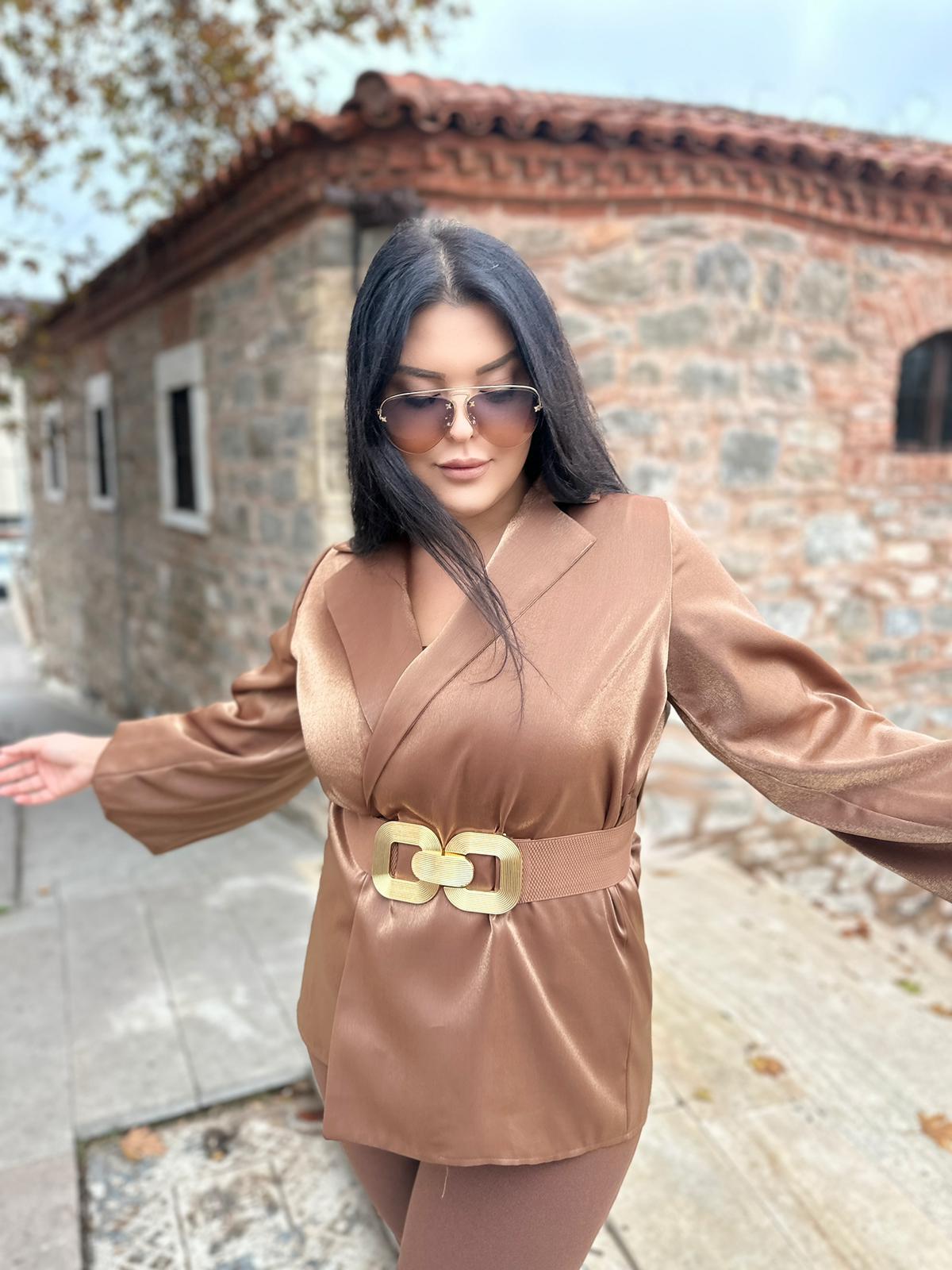 Büyük Beden Gold Simli Organze Kumaş Premium Kuşaklı Ceket - Kahve 
