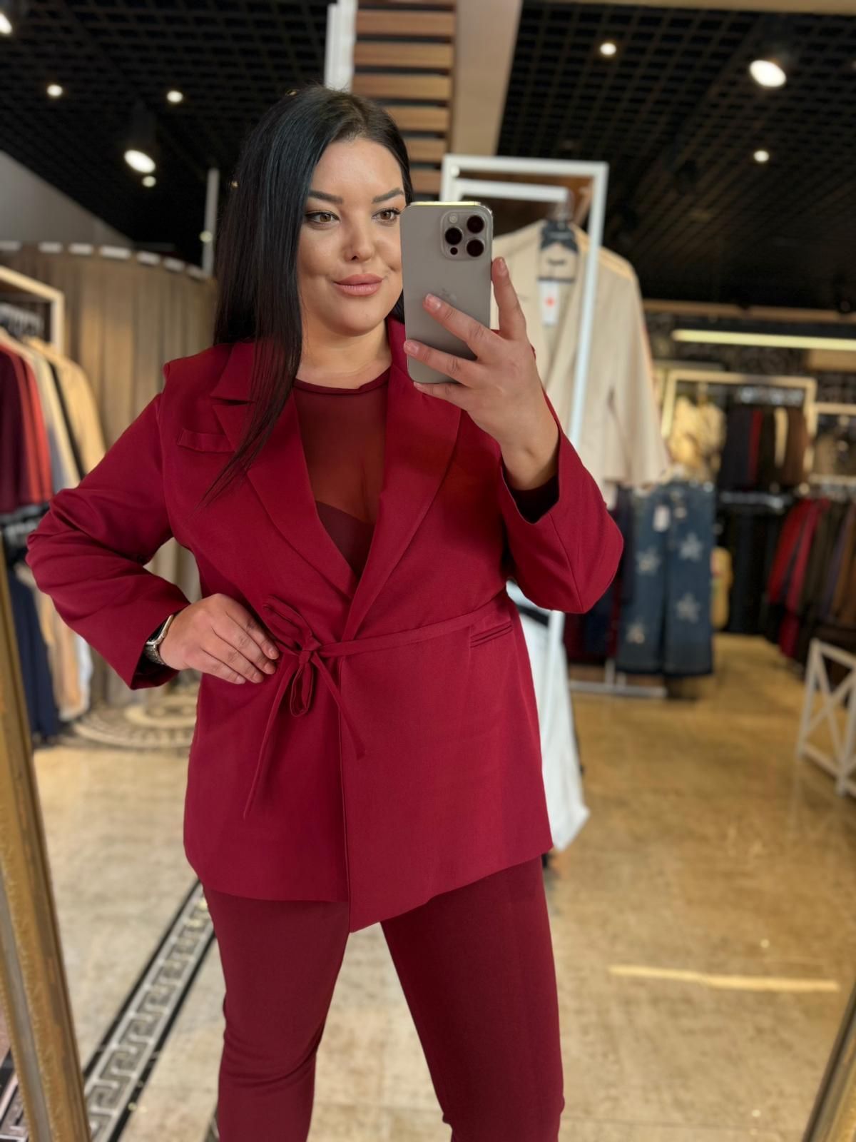 Büyük Beden İp Kemerli Kadın Blazer Ceket - Bordo 