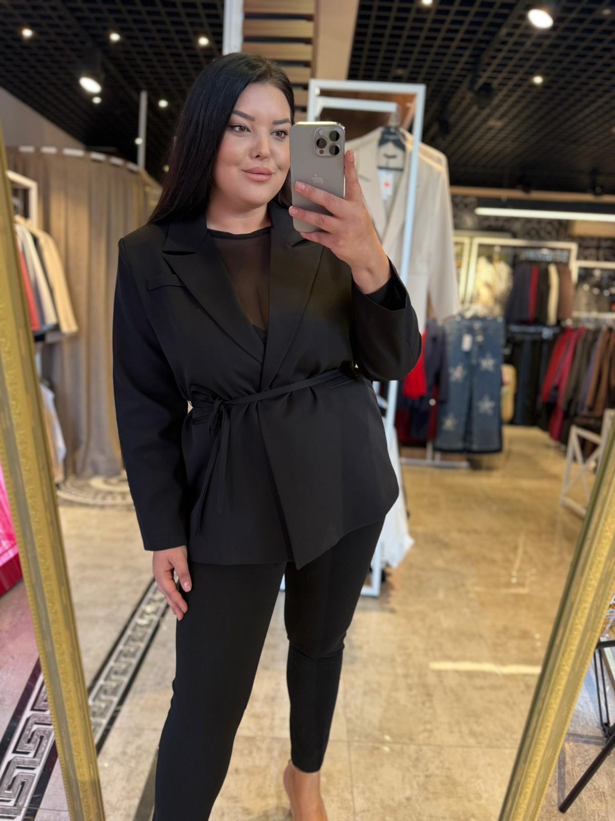 Büyük Beden İp Kemerli Kadın Blazer Ceket - Siyah 