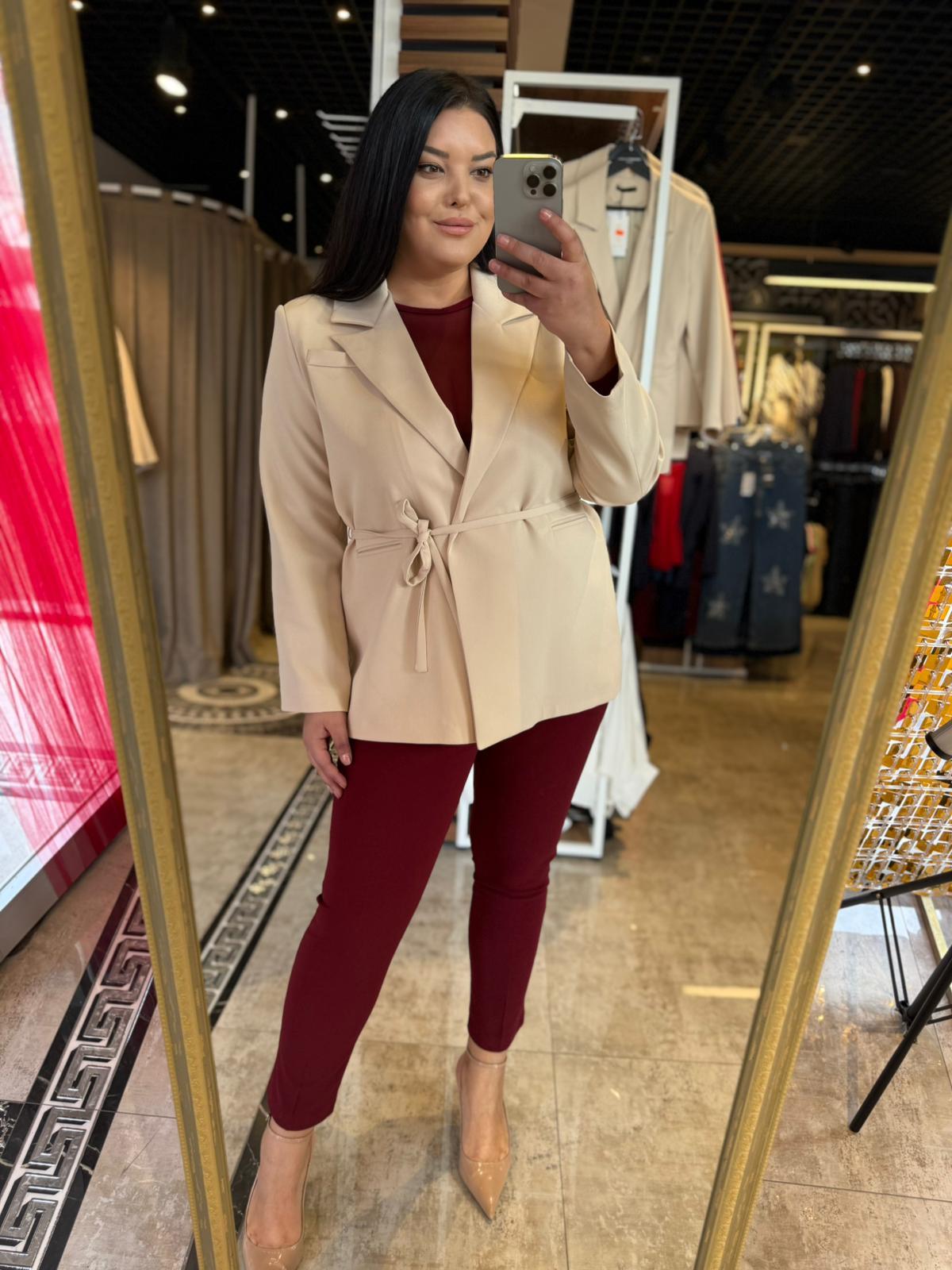 Büyük Beden İp Kemerli Kadın Blazer Ceket - Krem 
