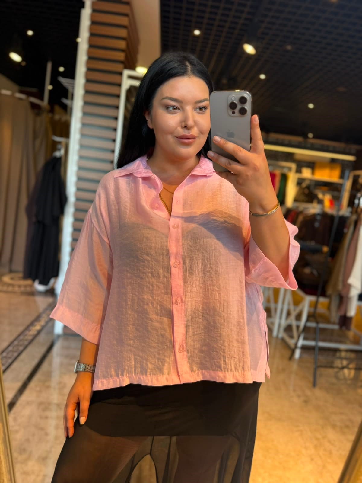 Büyük Beden İpek Soft Kadın Gömlek - Pembe 