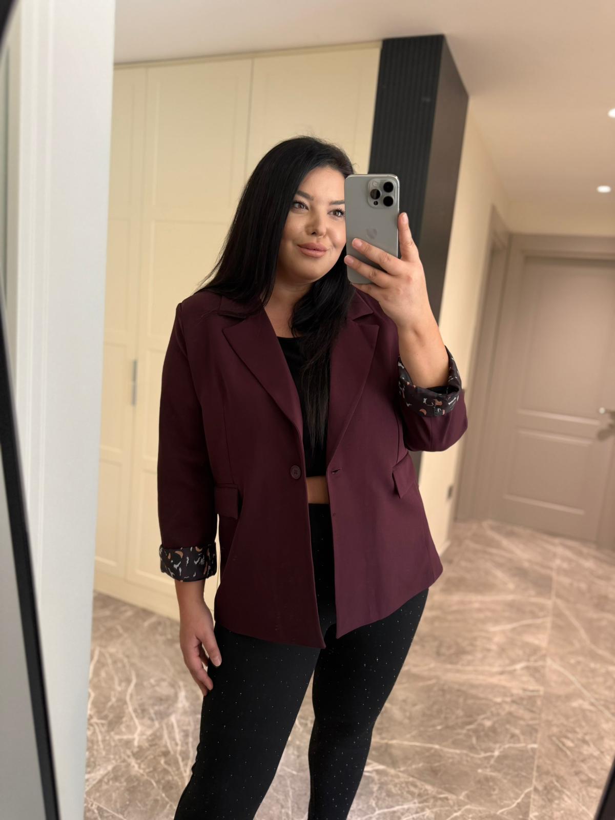 Büyük Beden Kol Leopar Detay Astarlı Kadın Blazer Ceket - Mürdüm 