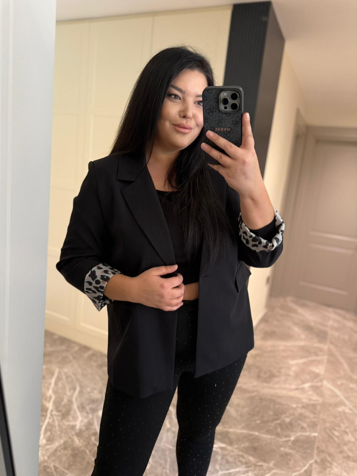 Büyük Beden Kol Leopar Detay Astarlı Kadın Blazer Ceket - Siyah  