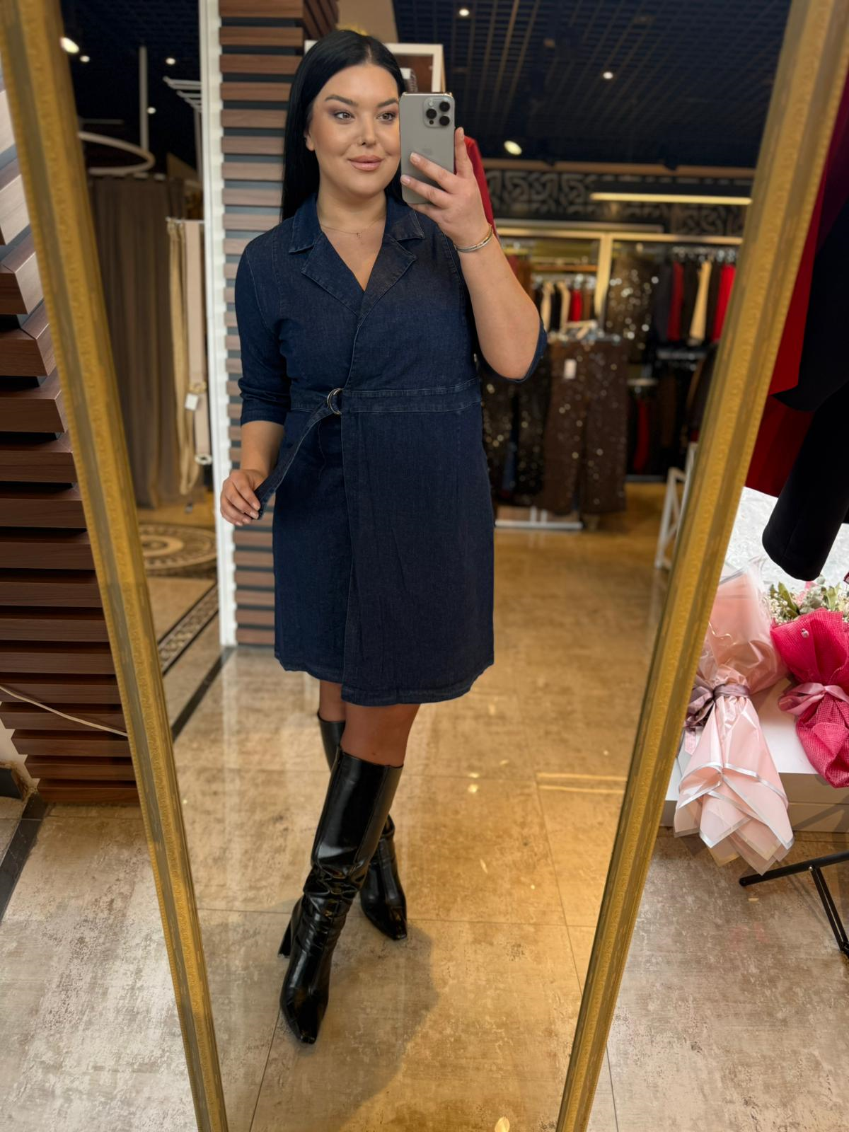 Büyük Beden Kruvaze Bağlamalı Denim Elbise - Mavi