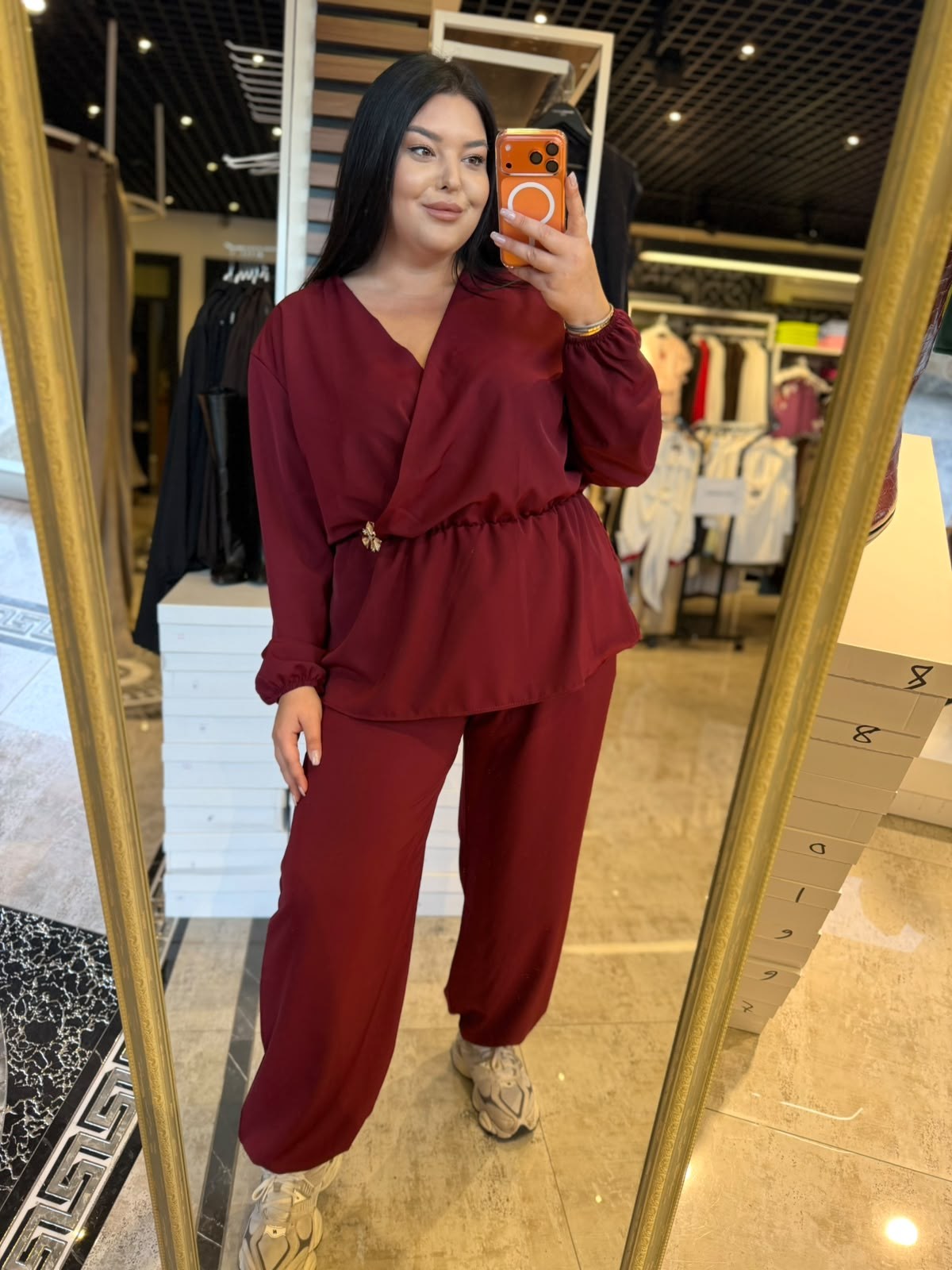 Büyük Beden Kruvaze Broş Detaylı Kadın İkili Takım - Bordo 