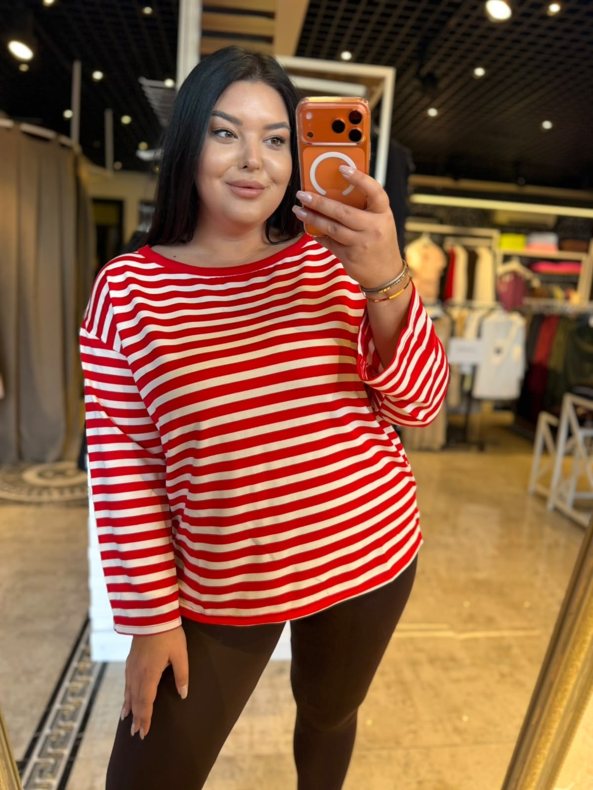 Büyük Beden Likralı Oversize Çizgili Kadın Sweat - Kırmızı 