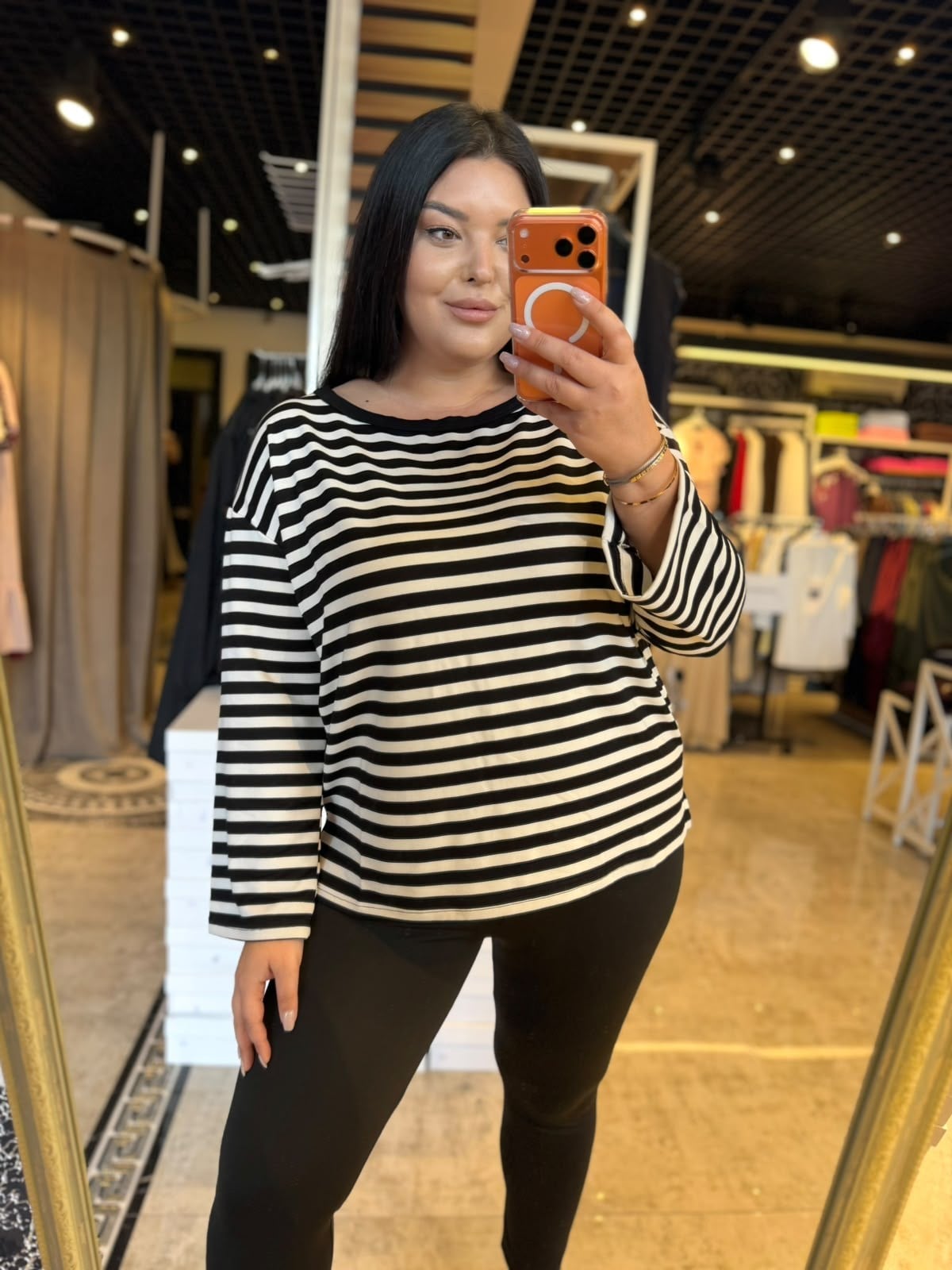 Büyük Beden Likralı Oversize Çizgili Kadın Sweat - Siyah 