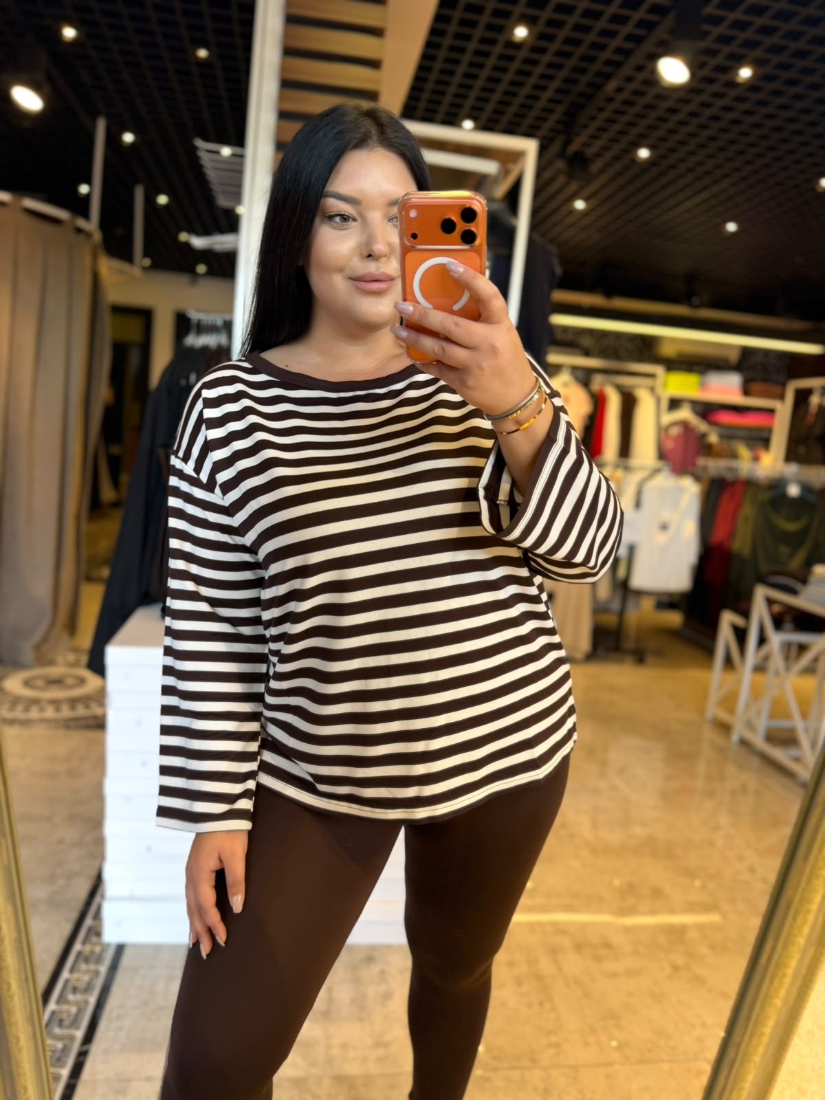 Büyük Beden Likralı Oversize Çizgili Kadın Sweat - Kahve 