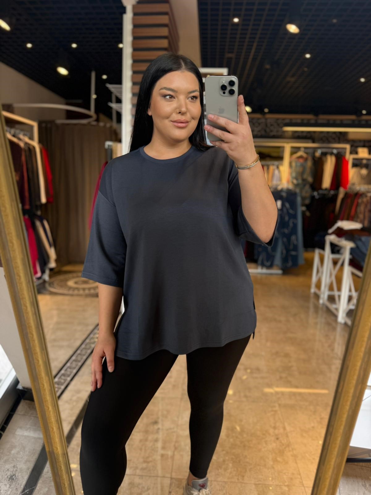 Büyük Beden Likralı Pamuklu Kadın Tshirt - Füme 