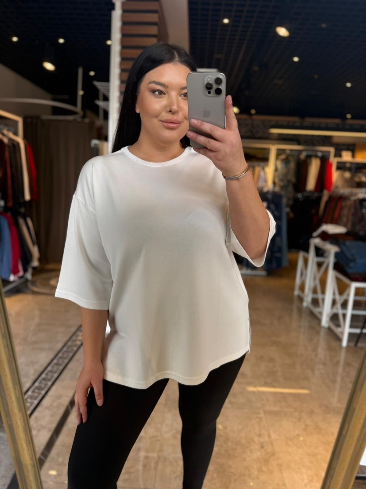 Büyük Beden Likralı Pamuklu Kadın Tshirt - Beyaz 