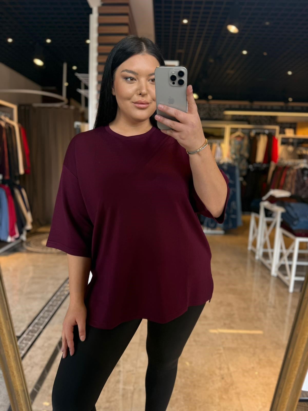 Büyük Beden Likralı Pamuklu Kadın Tshirt -Bordo
