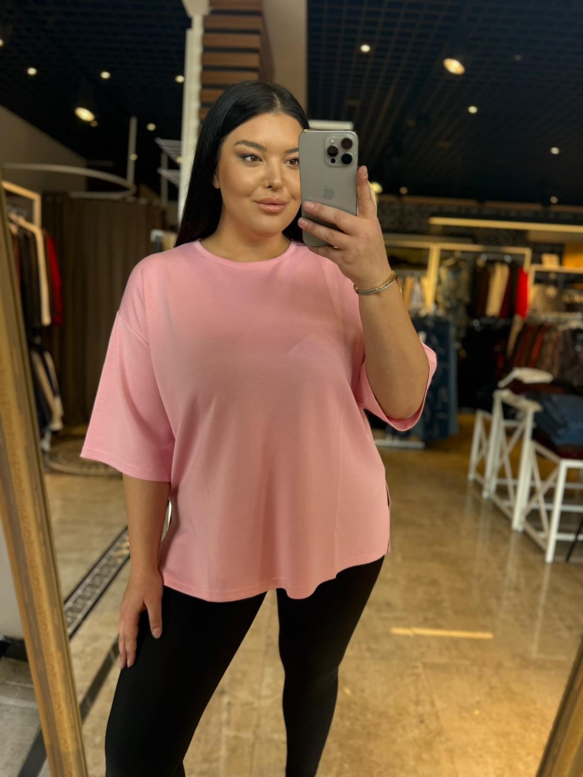 Büyük Beden Likralı Pamuklu Kadın Tshirt - Pembe