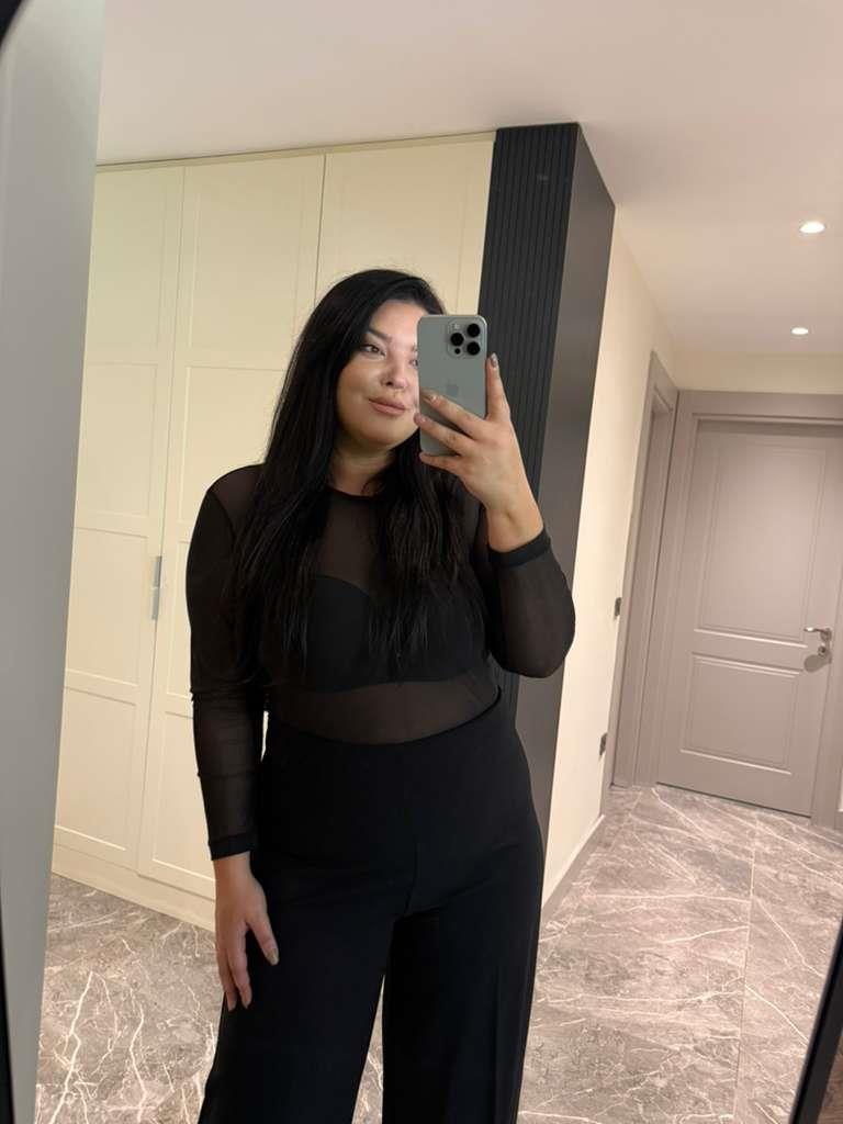 Büyük Beden Likralı Tül Transparan Kadın Body - Siyah 