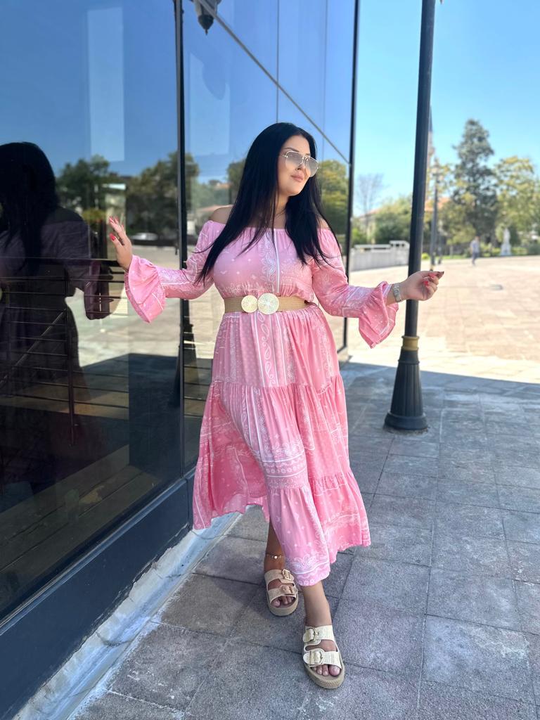 Büyük Beden Madonna Lastik Yaka Uzun Kollu Şal Desen Maxi Boy Elbise - Pembe