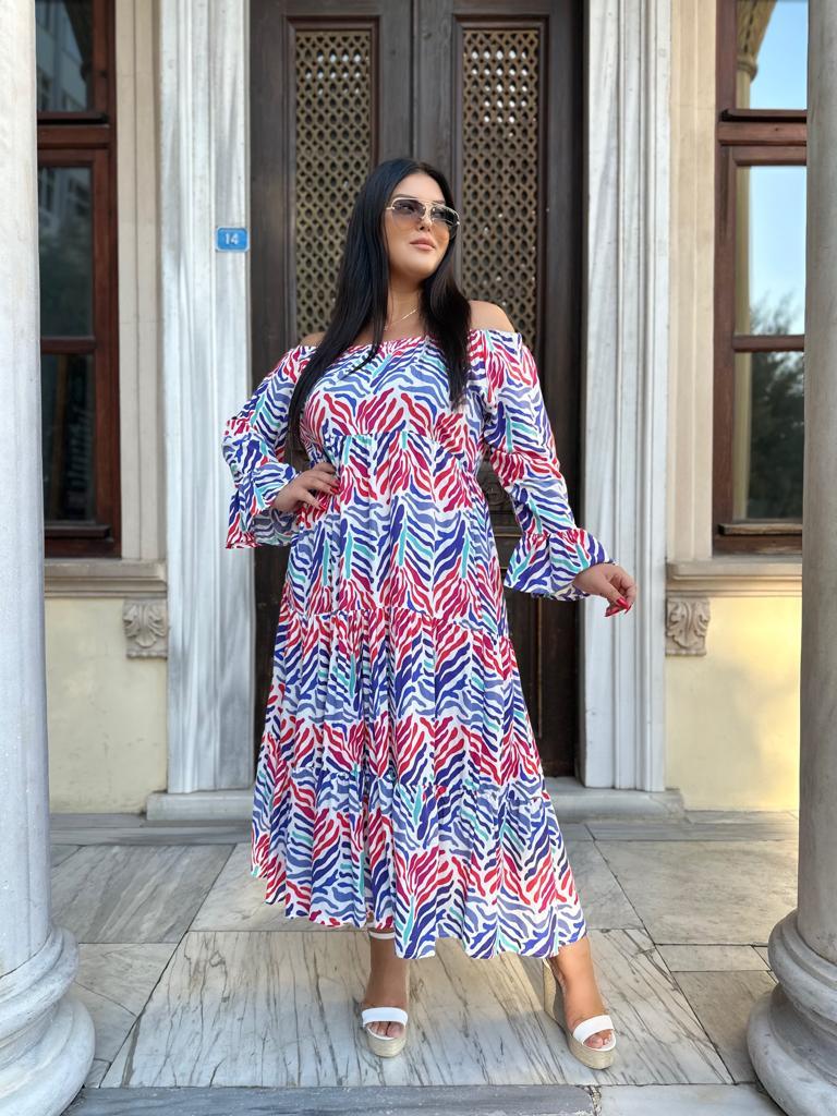 Büyük Beden Madonna Lastik Yaka Uzun Kollu Desenli Maxi Boy Elbise - Mor  