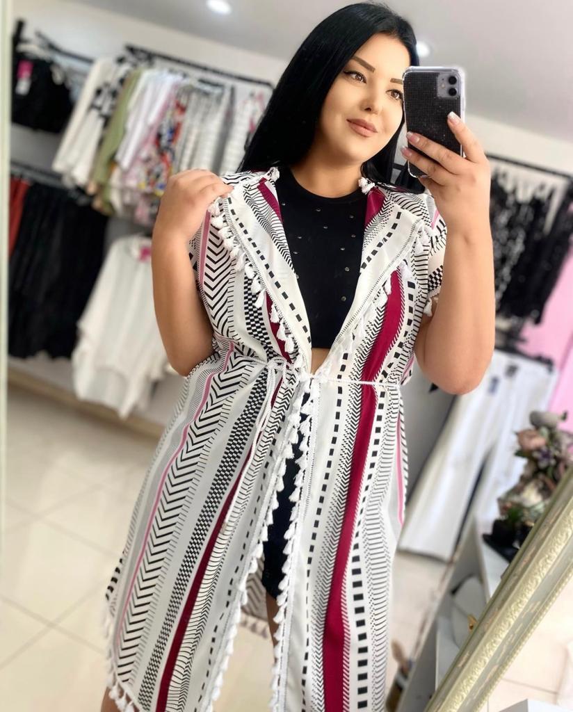 Büyük Beden Püsküllü Desenli Kadın Kimono - Bordo