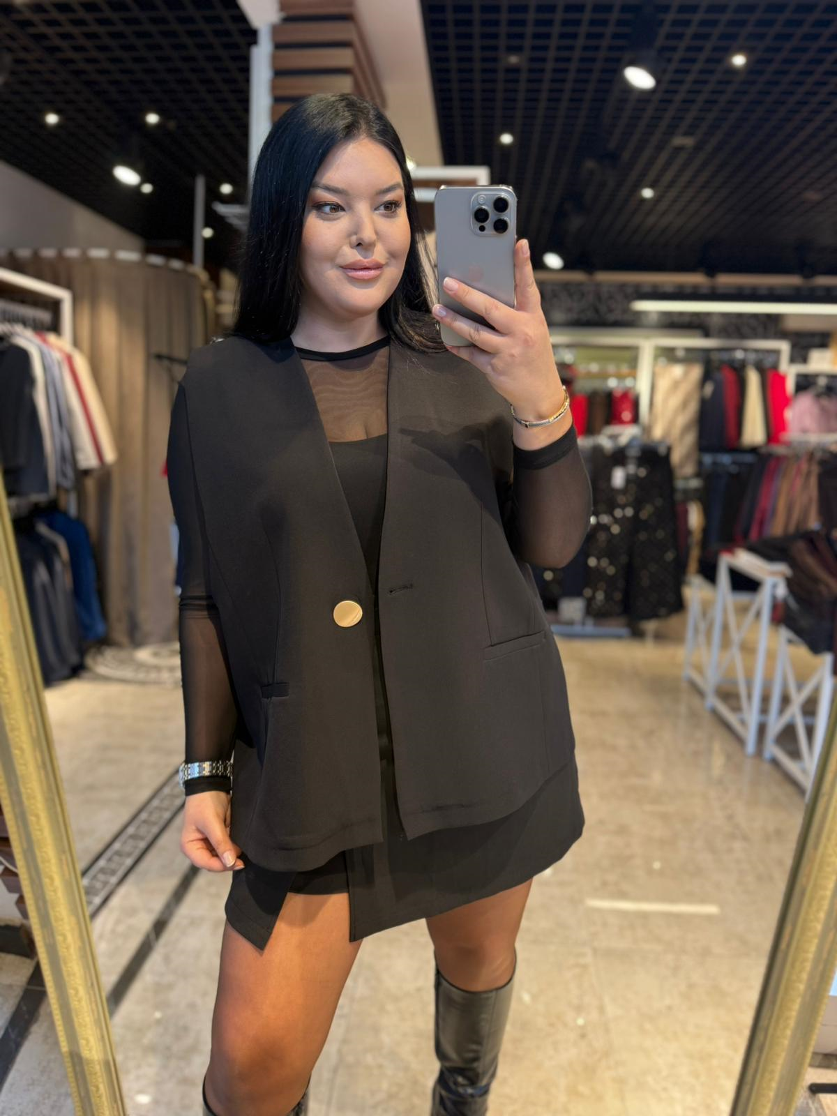 Büyük Beden Tek Gold Düğme Detay Kadın Blazer Yelek - Siyah 