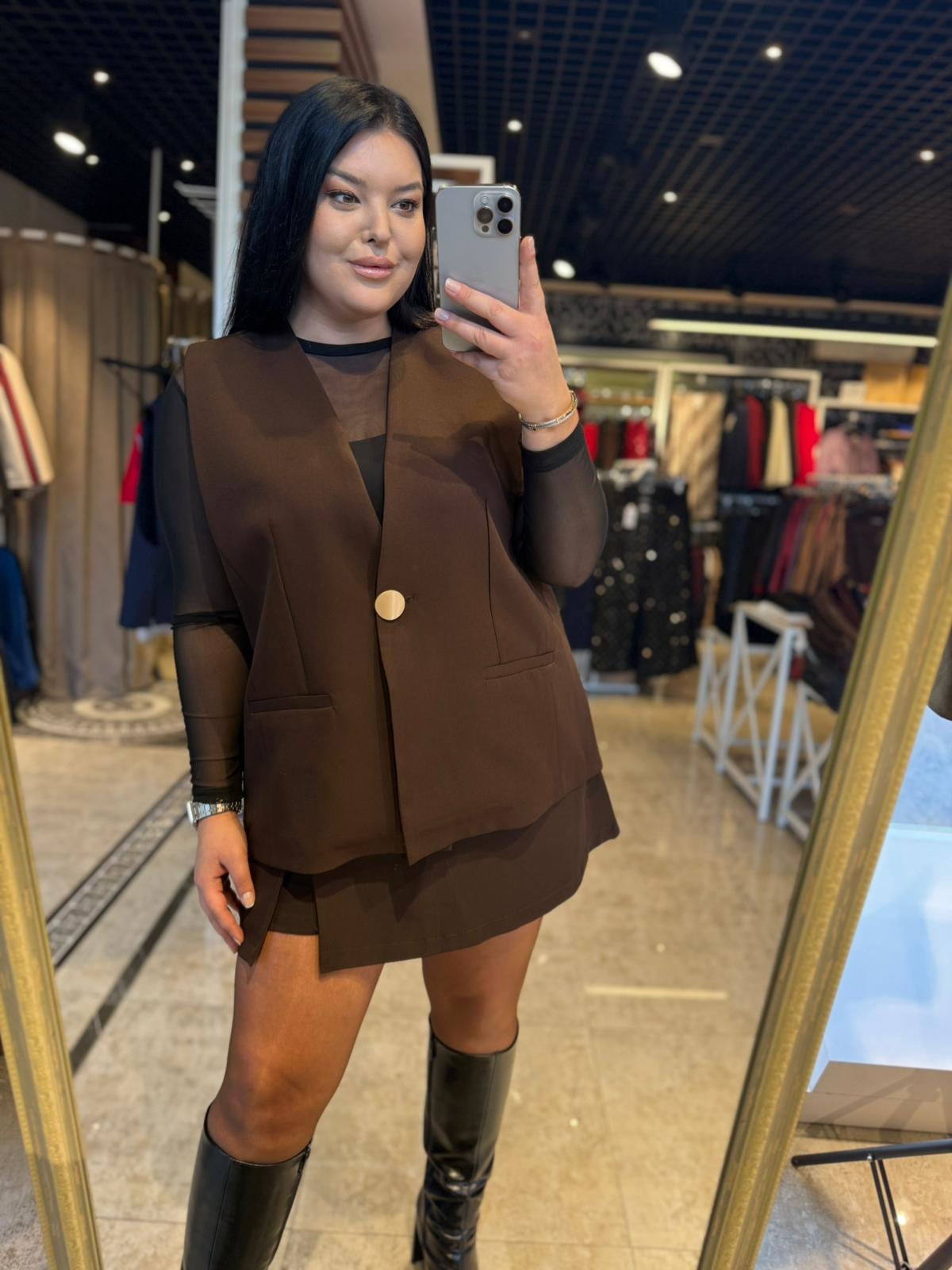 Büyük Beden Tek Gold Düğme Detay Kadın Blazer Yelek - Acı Kahve 