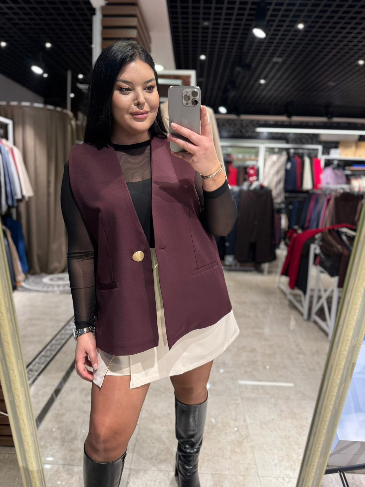 Büyük Beden Tek Gold Düğme Detay Kadın Blazer Yelek - Mürdüm 
