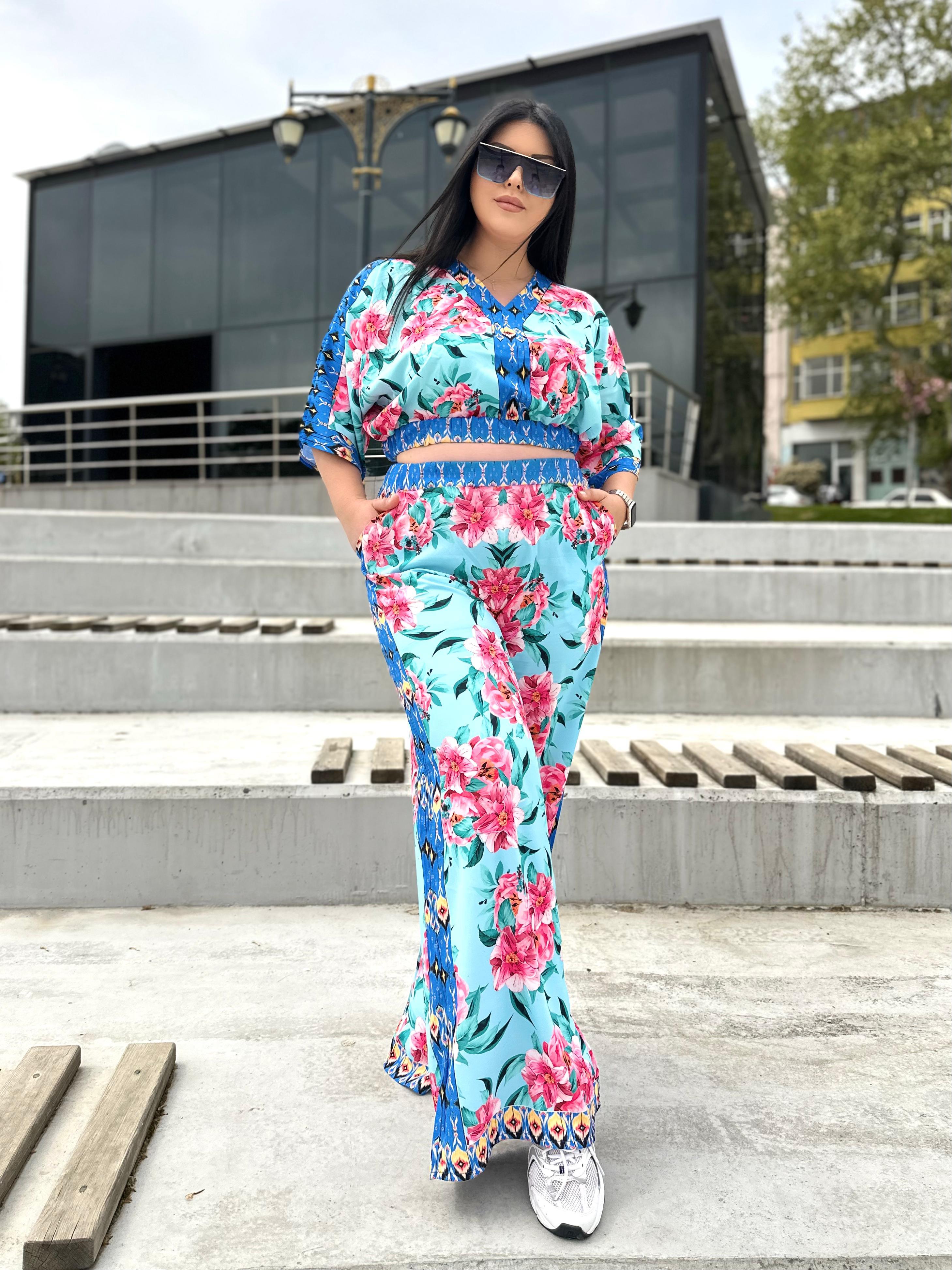 İtalyan İpek Saten Oversize Pembe Çiçek Desenli Kadın İkili Takım - Mavi 