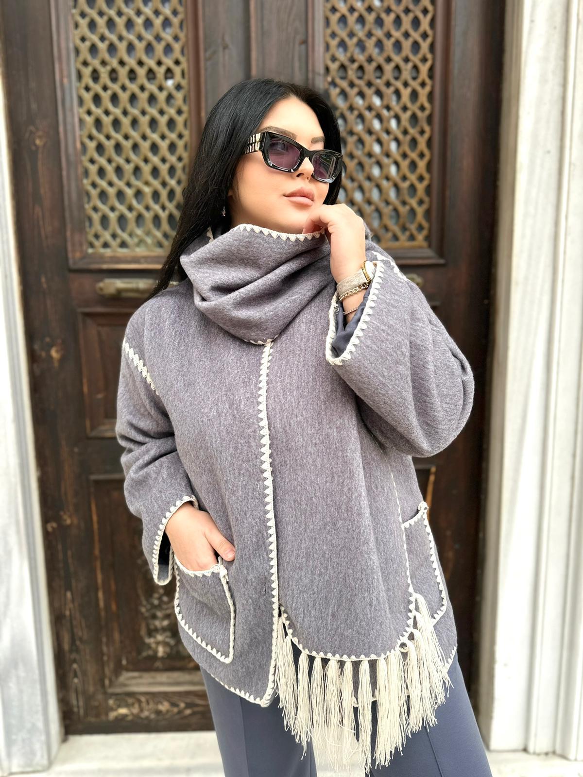 Oversize Atkılı Marka Model Kadın Kaşe Hırka - Gri 