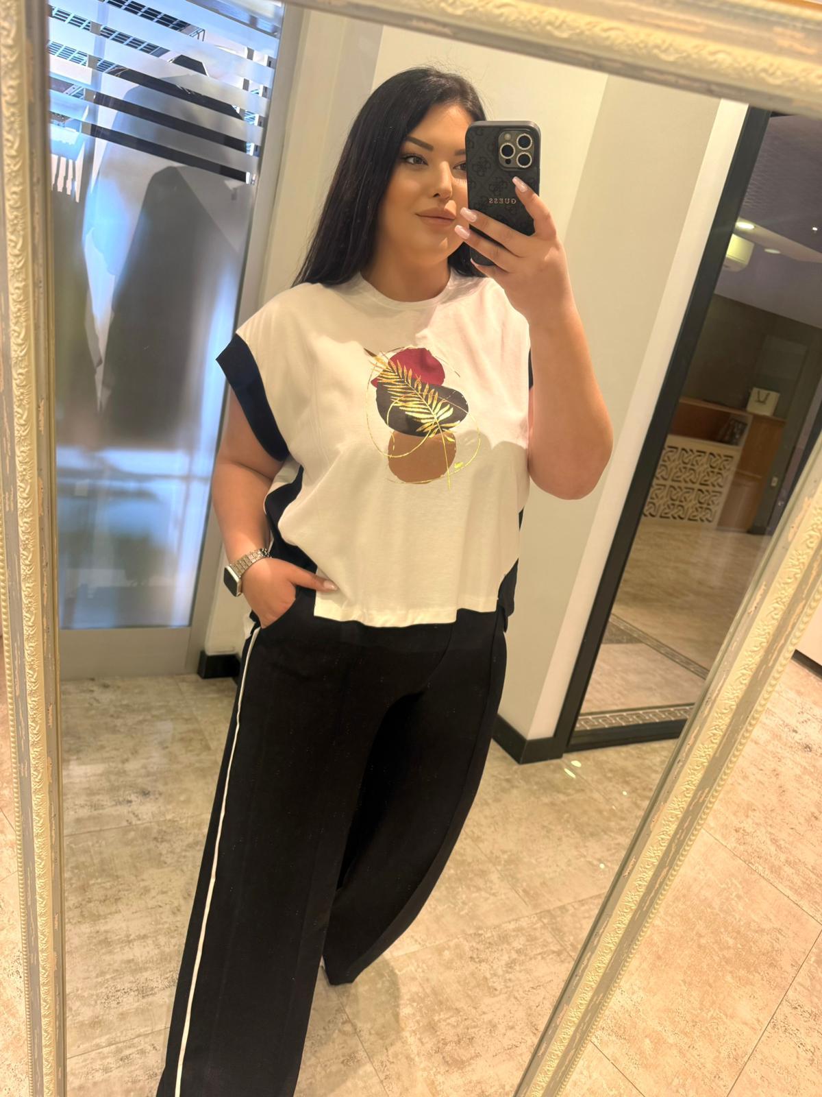Oversize Ayrobin Kumaş Çizgili Pantolonlu Kadın İkili takım  Siyah 