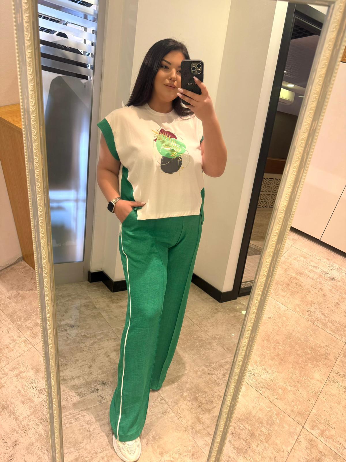 Oversize Ayrobin Kumaş Çizgili Pantolonlu Kadın İkili takım -Yeşil 