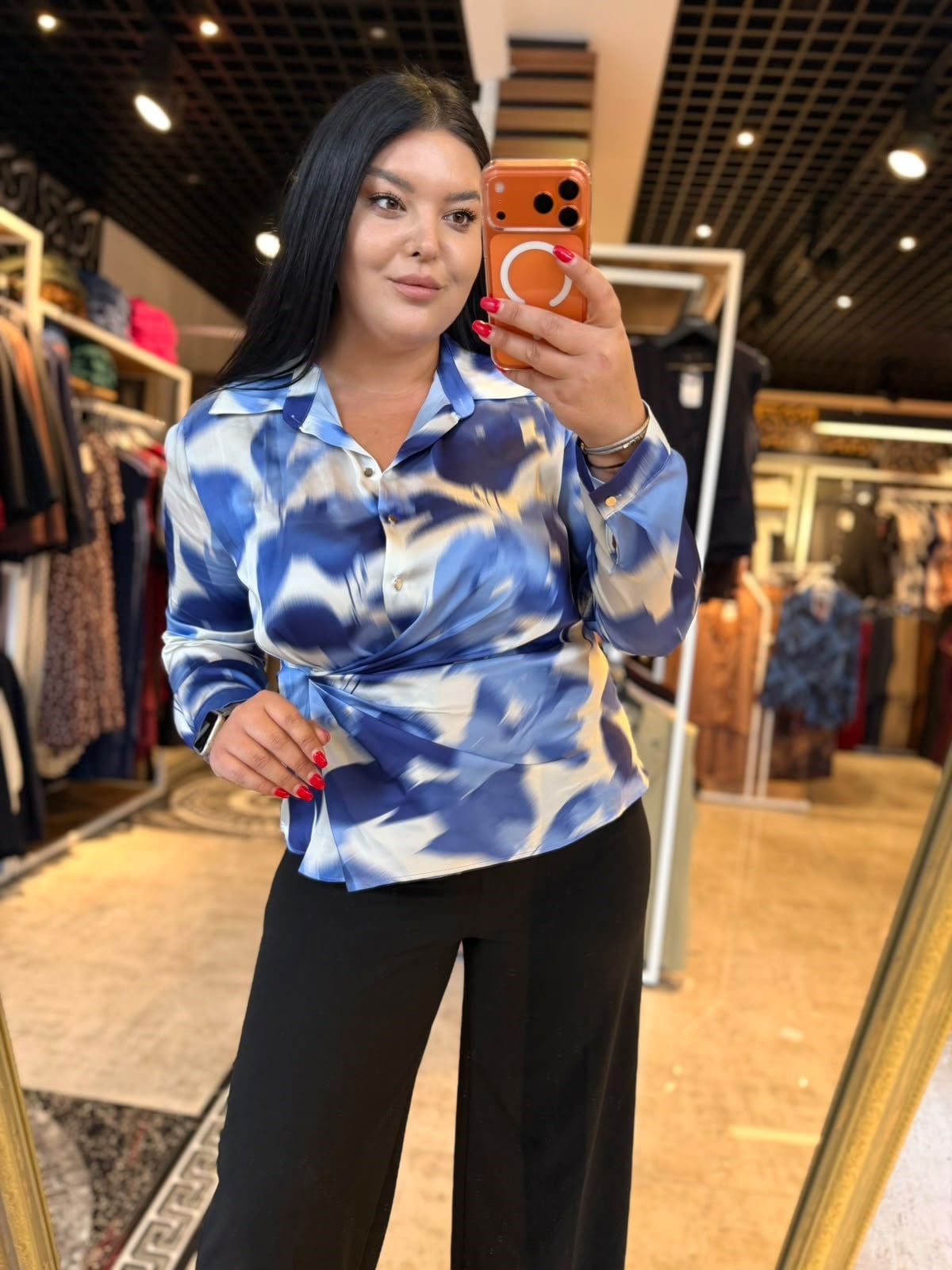 Oversize Batik Desen Önü Düğmeli Kadın Bluz -Mavi 