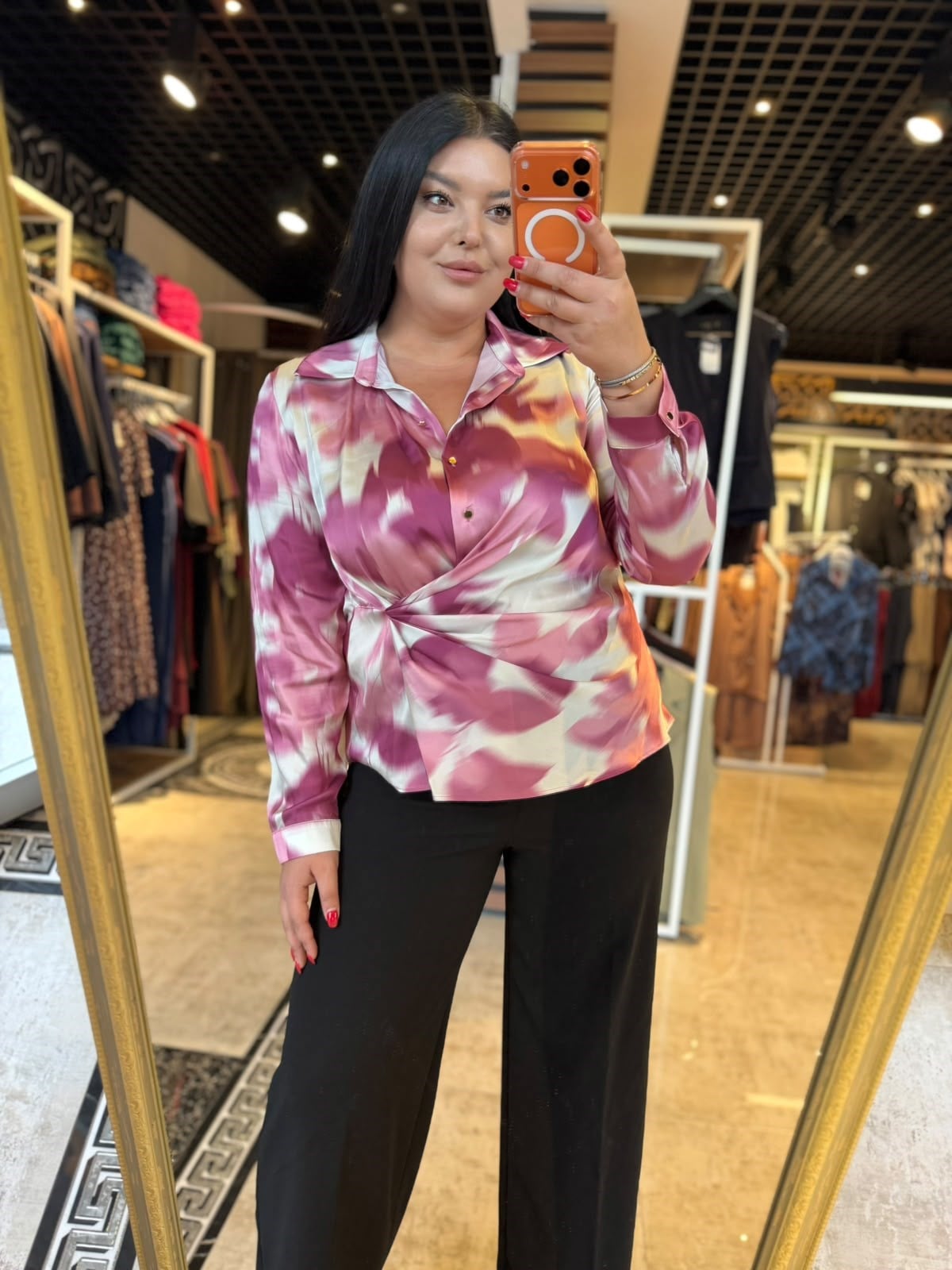 Oversize Batik Desen Önü Düğmeli Kadın Bluz - Pembe 