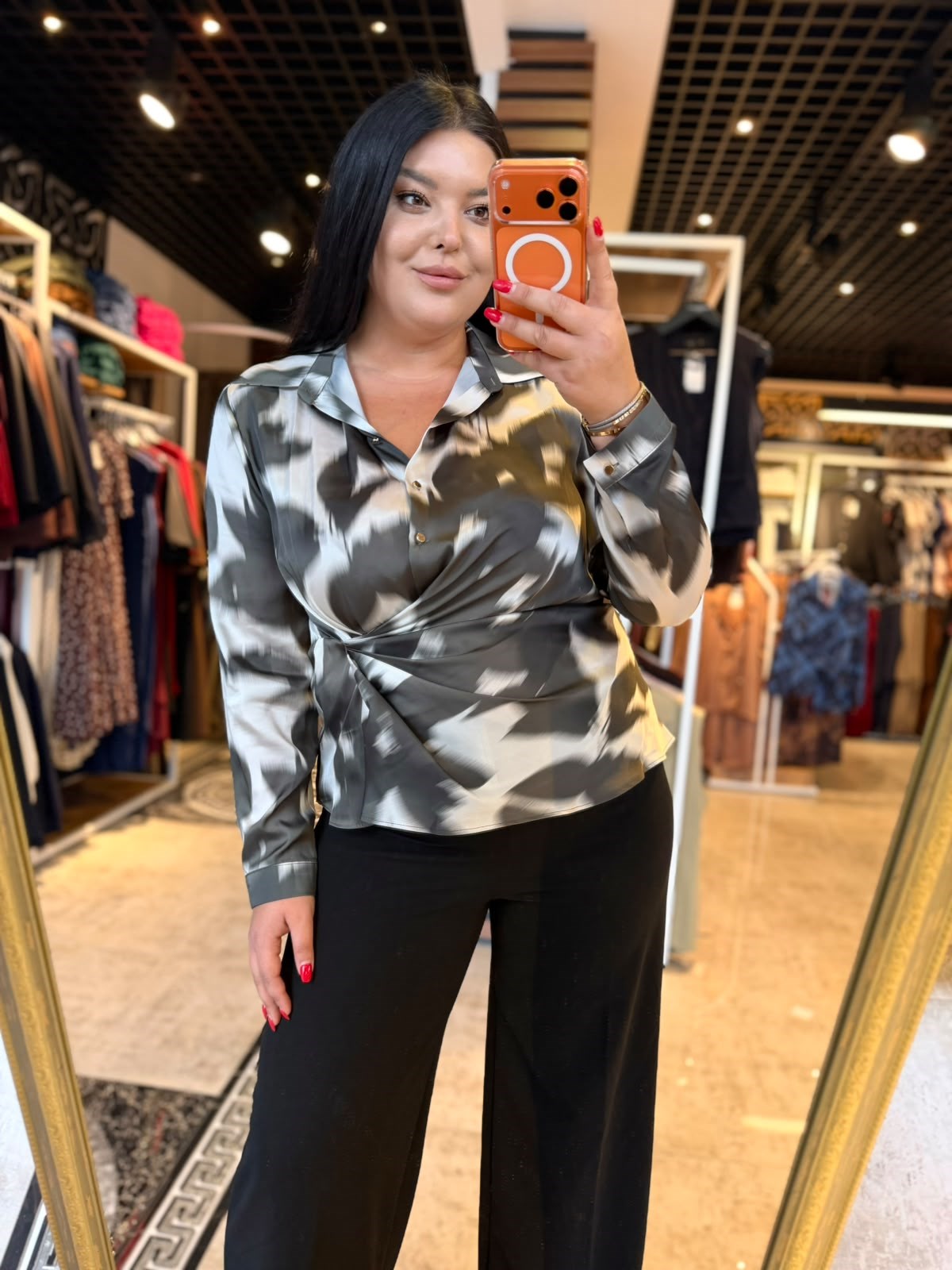 Oversize Batik Desen Önü Düğmeli Kadın Bluz - Haki 