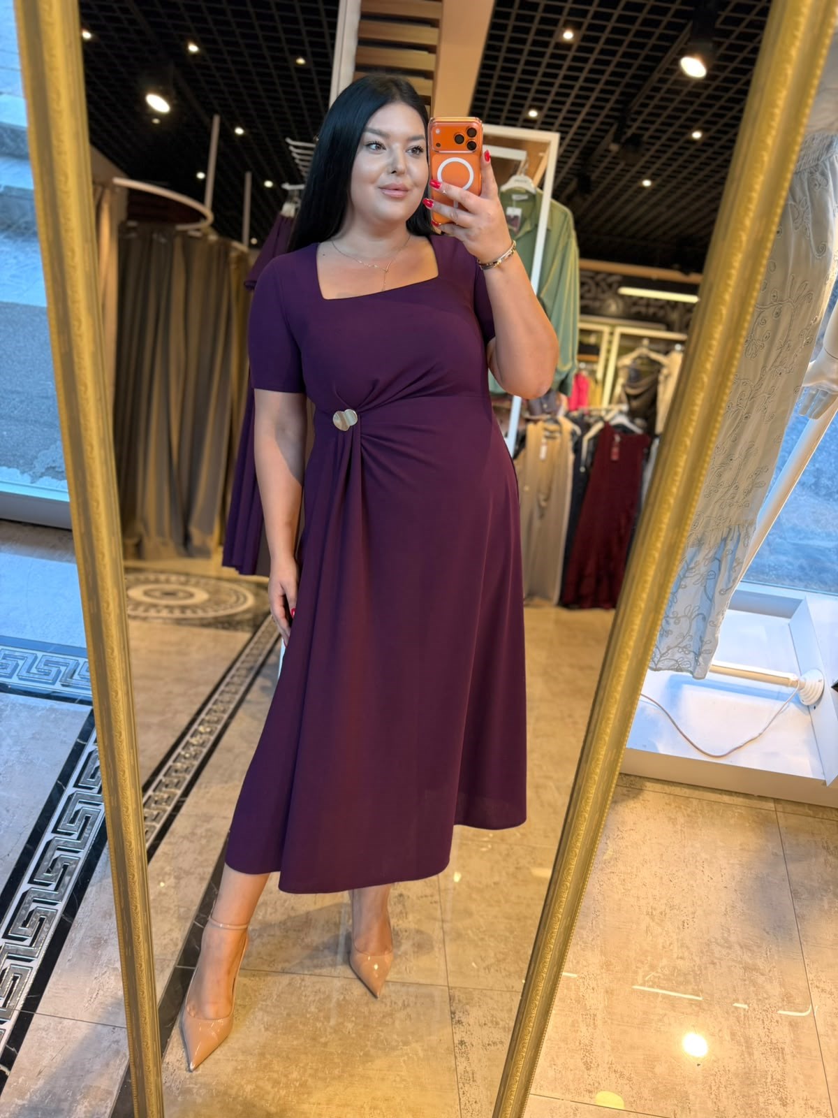 Oversize Bel Gold Toka Detaylı Kare Yaka Kadın Elbise - Mor 