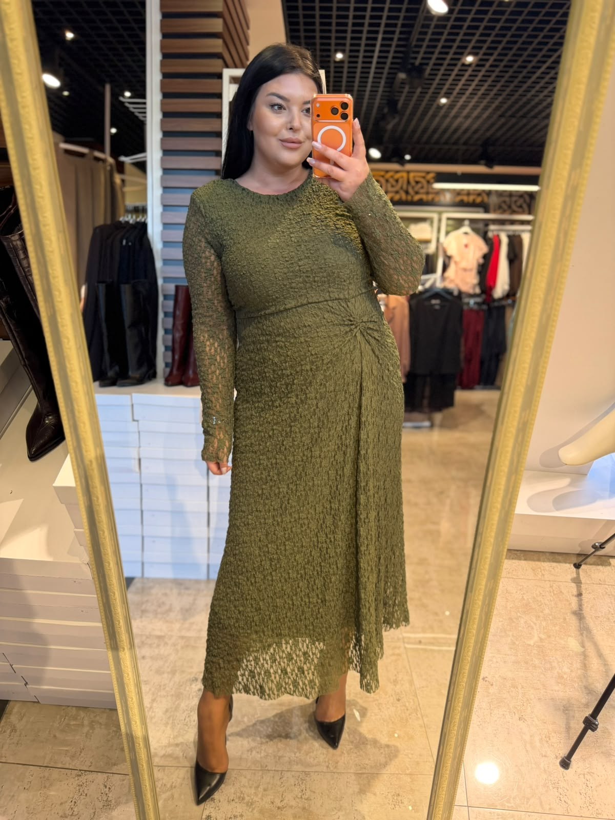 Oversize Burgu Detaylı Dantel Kadın Elbise - Yeşil 