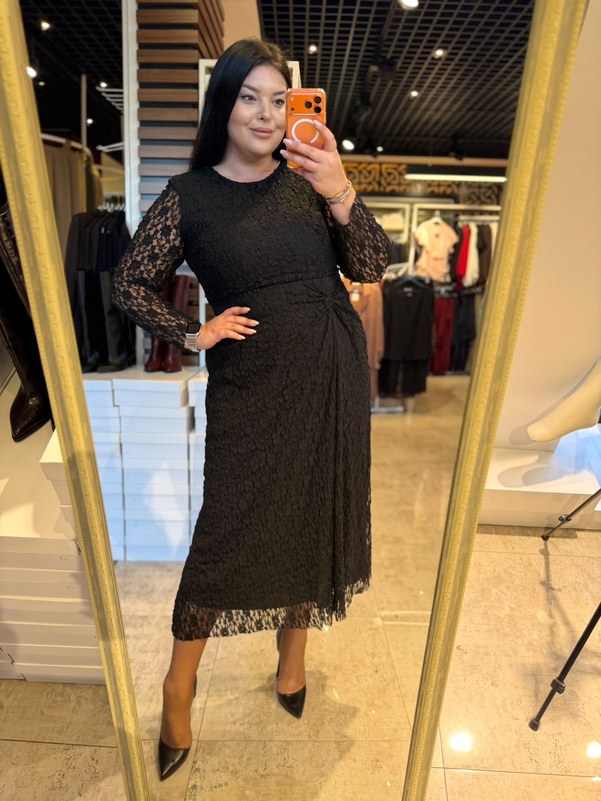 Oversize Burgu Detaylı Dantel Kadın Elbise - Siyah 